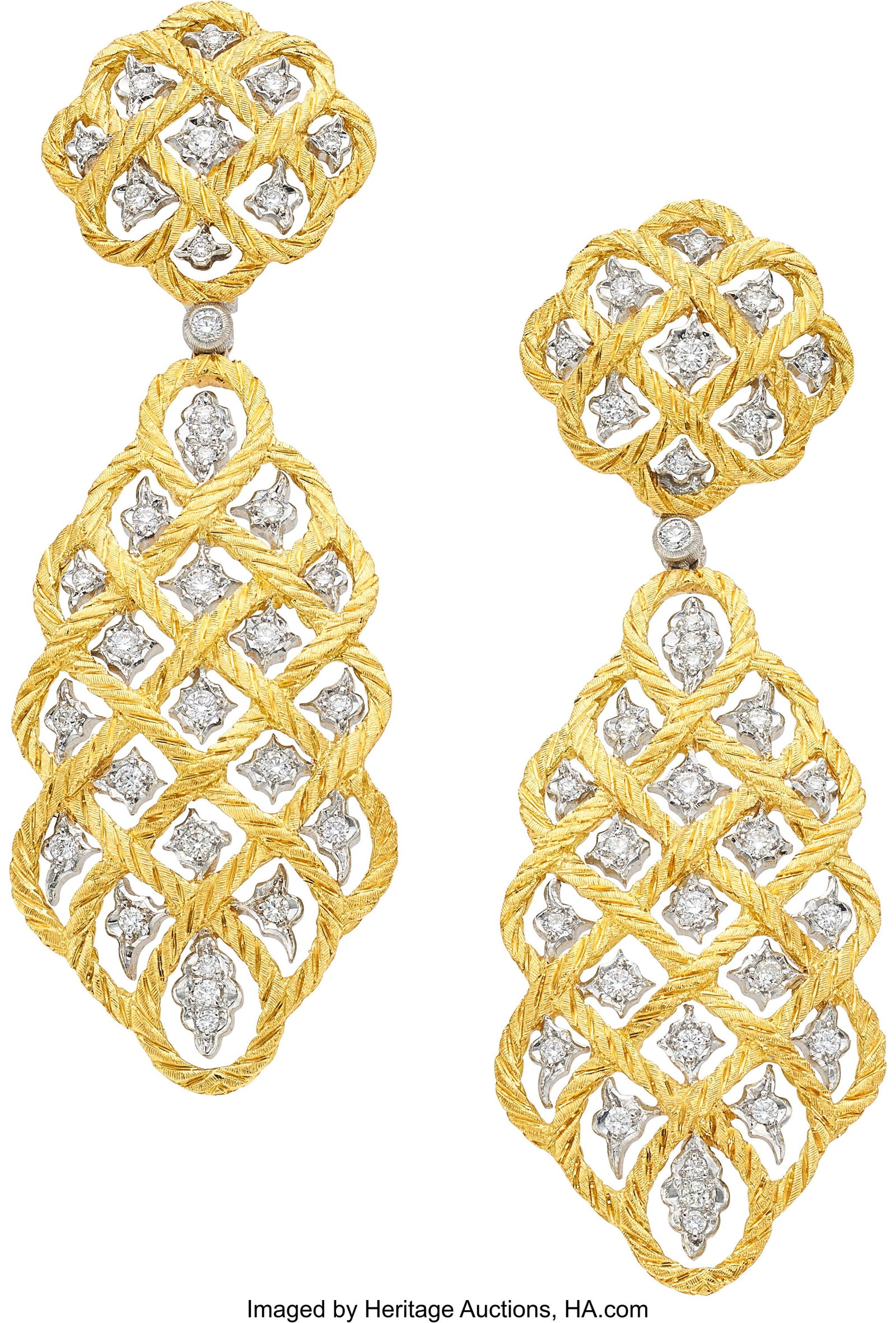 Buccellati Diamond, Gold Convertible Earrings S: Buccellati Diamond, Gold Convertible Earrings Stones: Full-cut diamonds weighing a total of approximately 1.00 carat Metal: 18k white and yellow gold Marked: Buccellati 
