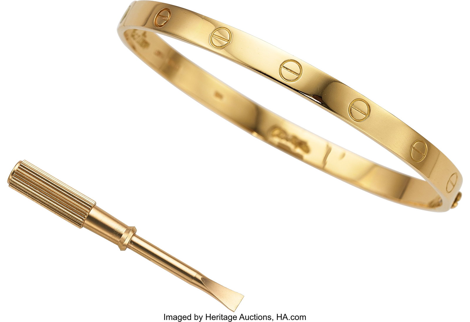 Aldo Cipullo for Cartier Gold Bracelet, circa 19: Aldo Cipullo for Cartier Gold Bracelet, circa 1970 Metal: 18k gold Marked: Aldo Cipullo; Cartier Collection: LOVE Weight: 38.00 grams Dimensions: 8-1&so
