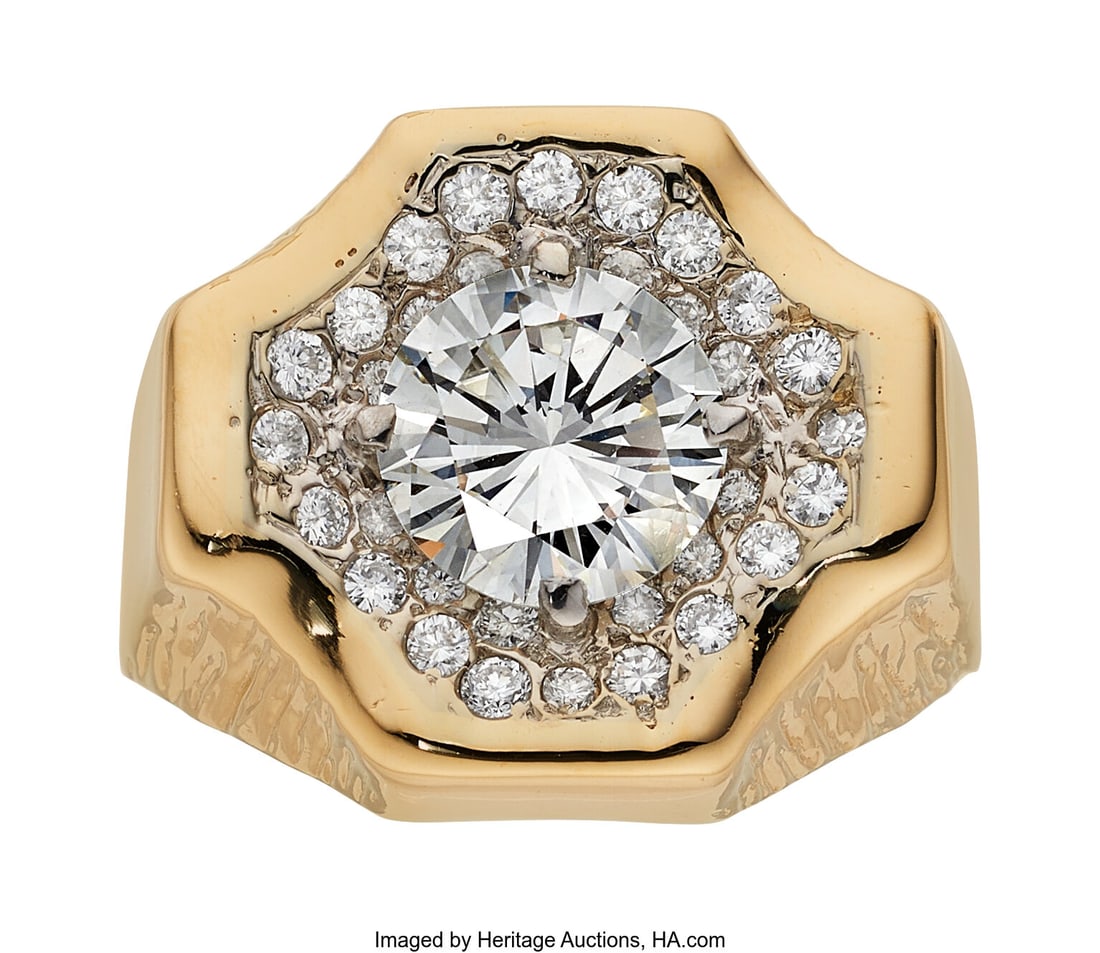 Diamond, Gold Ring Stones: Round brilliant-cut : Diamond, Gold Ring Stones: Round brilliant-cut diamond weighing 2.39 carats; full and single-cut diamonds weighing a total of approximately 0.65 carat Metal: 14k w