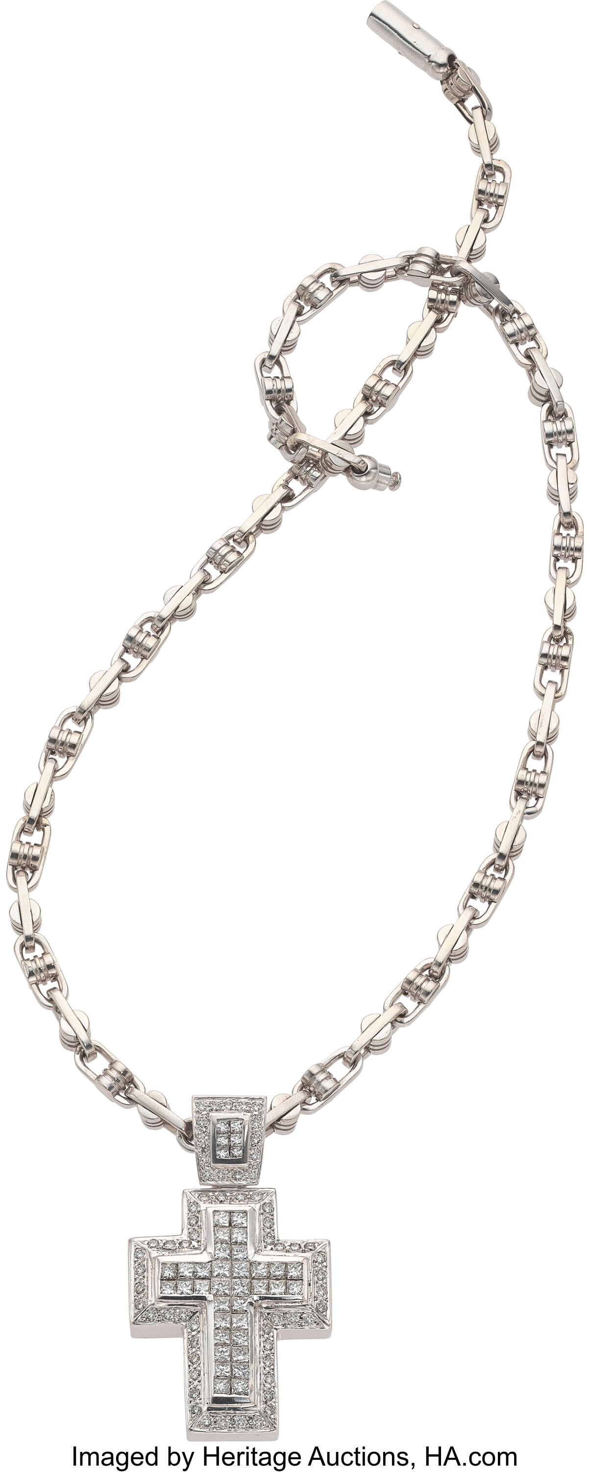 Diamond, White Gold Pendant-Necklace Stones: Sq: Diamond, White Gold Pendant-Necklace Stones: Square-shaped diamonds weighing a total of approximately 3.10 carats; full-cut diamonds weighing a total of approximately 1.