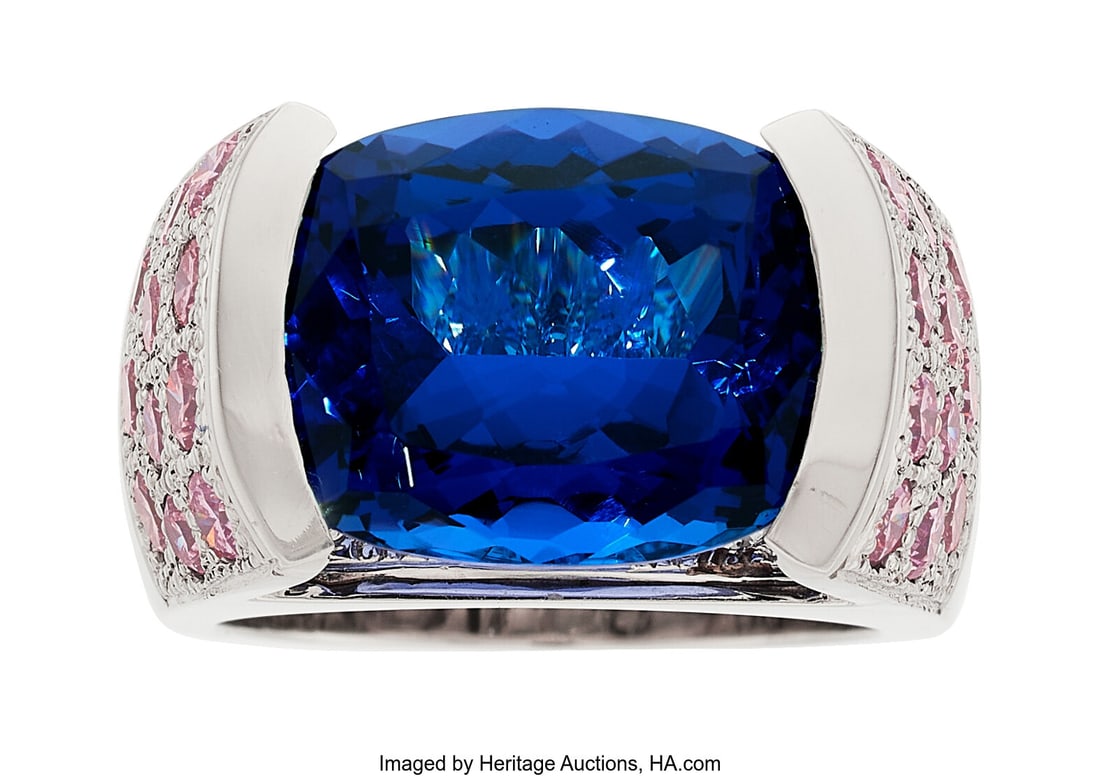 Tanzanite, Colored Diamond, Diamond, Platinum R: Tanzanite, Colored Diamond, Diamond, Platinum Ring Stones: Cushion-shaped tanzanite weighing approximately 10.00 carats; full-cut colored diamonds weighing a total 