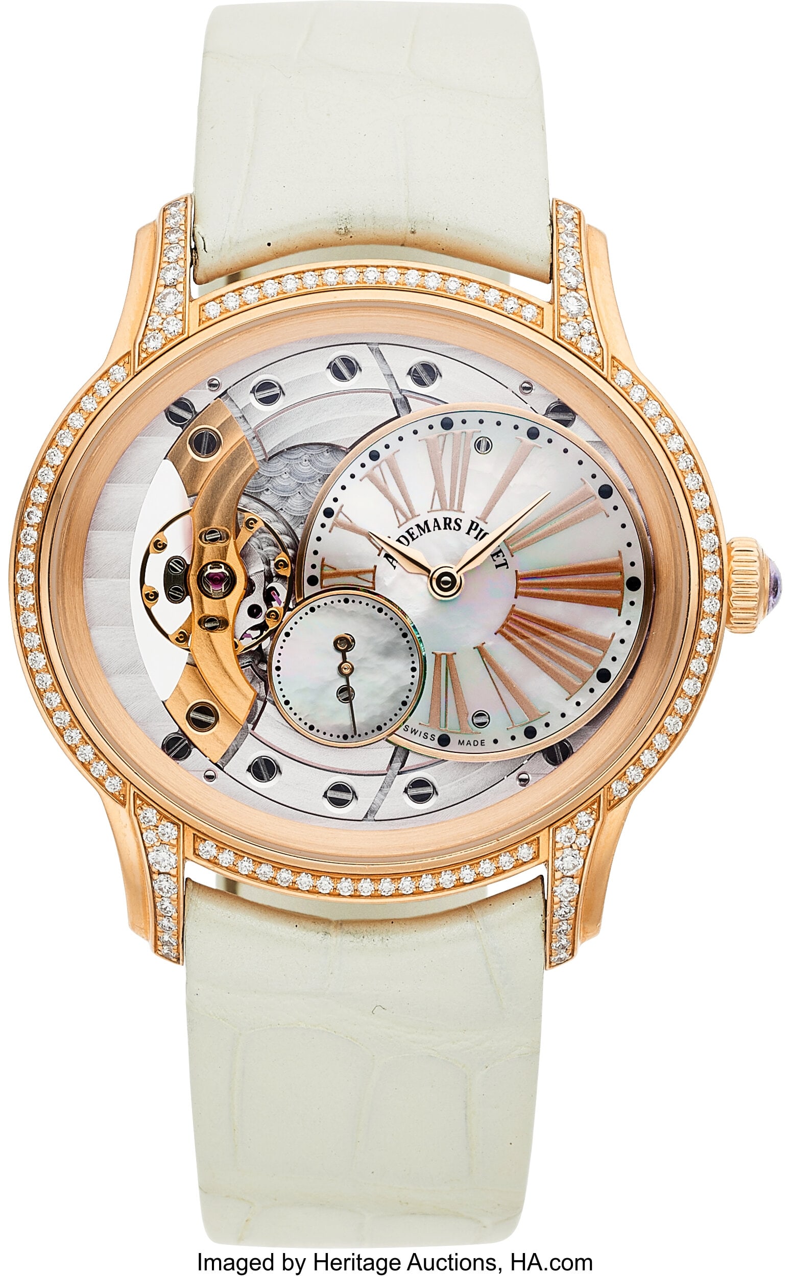 Audemars Piguet Diamond, Mother-of-Pearl, Sapph: Audemars Piguet Diamond, Mother-of-Pearl, Sapphire, Rose Gold "Millenary" Watch Case: 40 x 36 mm, oval, 18k rose gold, exhibition back secured by 5 screws&com