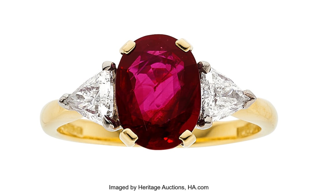 Burma Ruby, Diamond, Gold Ring, English, circa : Burma Ruby, Diamond, Gold Ring, English, circa 1997 Stones: Oval-shaped ruby weighing 2.55 carats; triangular-shaped diamonds weighing a total of 0.56 