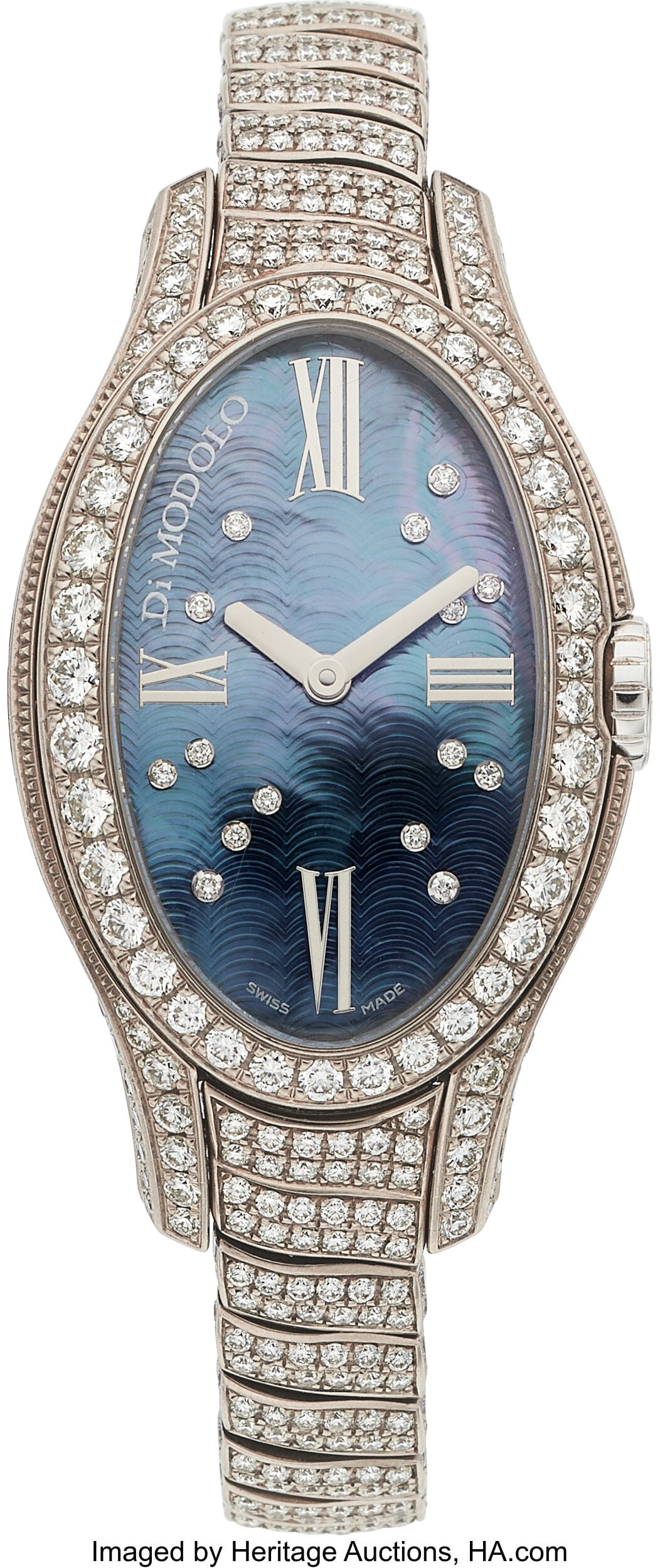 Di Modolo Diamond, Mother-of-Pearl, White Gold : Di Modolo Diamond, Mother-of-Pearl, White Gold "Tempia" Watch Case: 35 x 27 mm, oval, 18k white gold, back secured by 8 screws, diamond-set bezel, synth