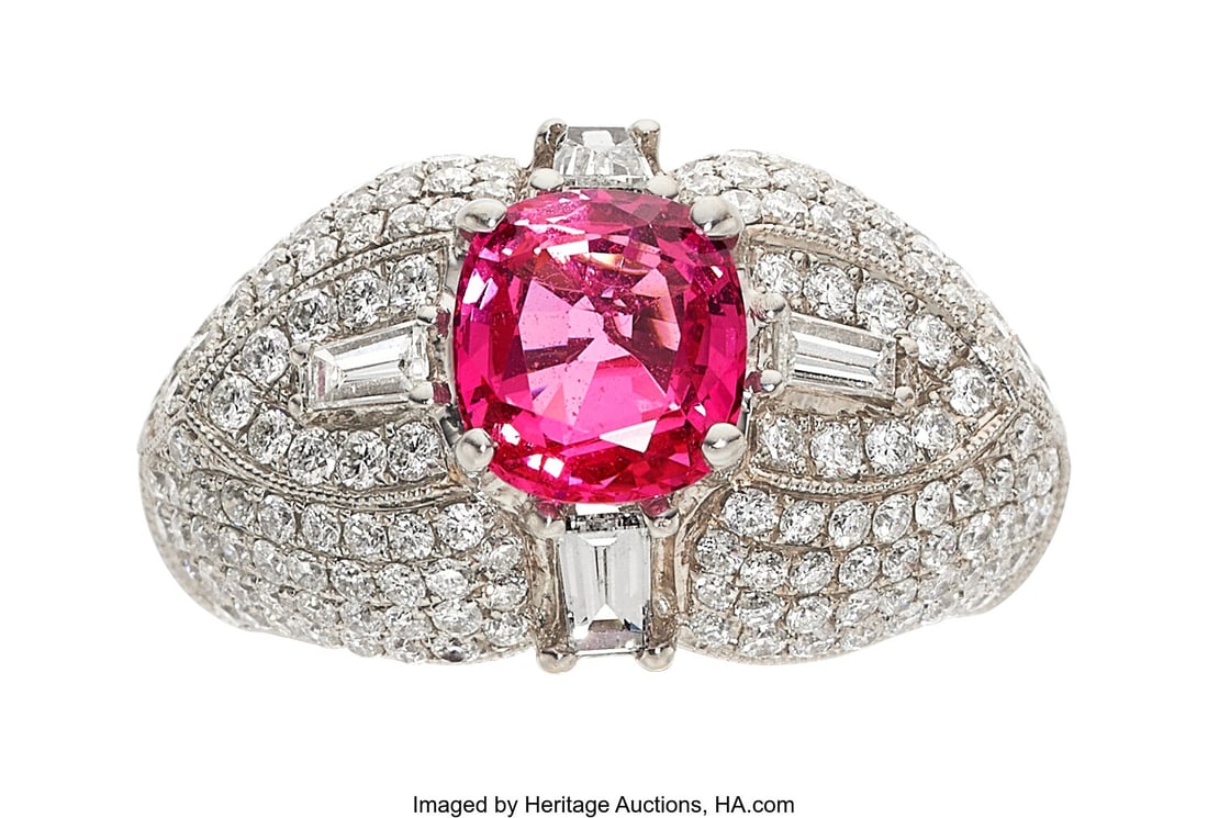 Spinel, Diamond, White Gold Ring Stones: Cushio: Spinel, Diamond, White Gold Ring Stones: Cushion-shaped spinel weighing approximately 1.60 carats; baguette and full-cut diamonds weighing a total of approximately 1&peri