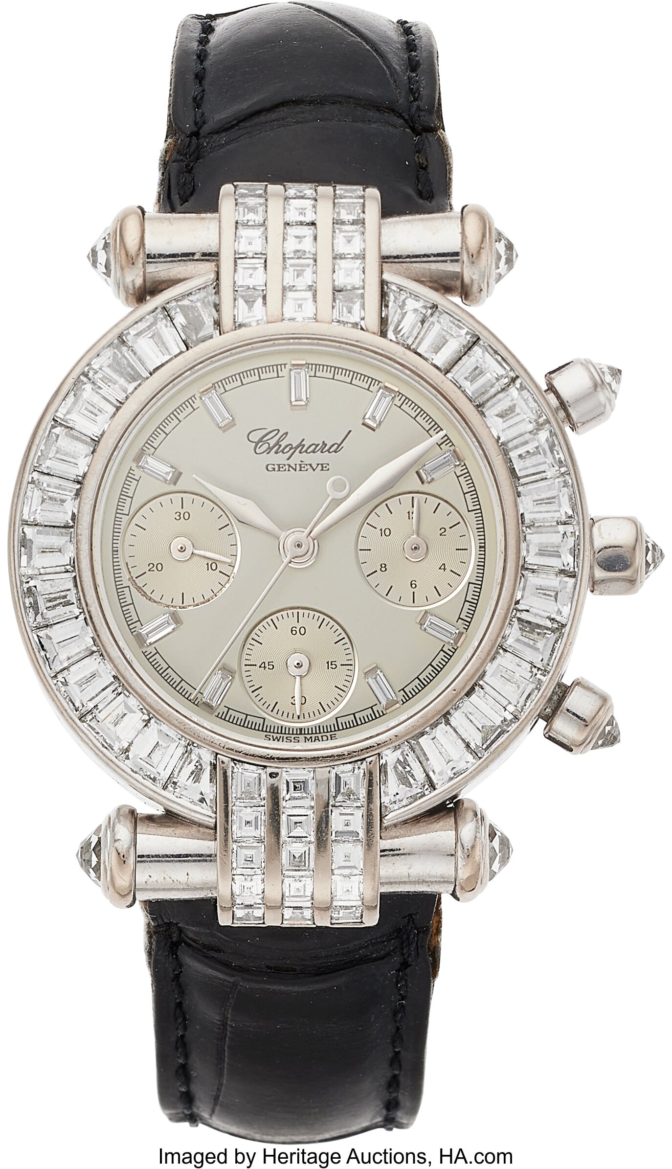 Chopard Diamond, White Gold "Imperiale" Watch, c: Chopard Diamond, White Gold "Imperiale" Watch, circa 1997 Case: 32 mm, round, 18k white gold, back secured by 8 screws, briolette-cut diamond-set crown,