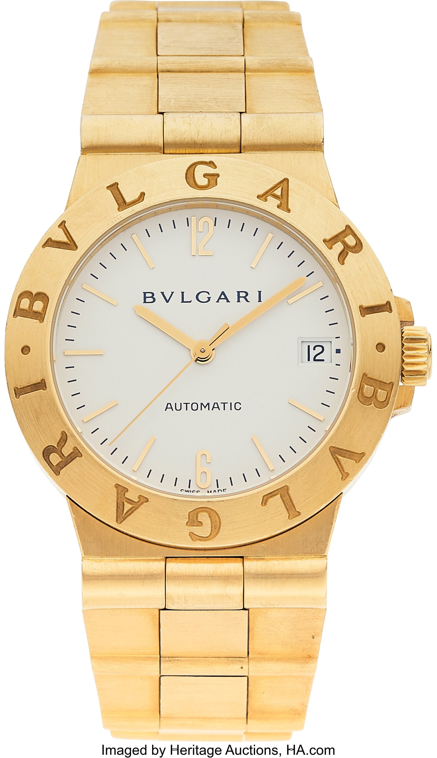 Bvlgari Gold "Diagono" Watch Case: 35 mm, round: Bvlgari Gold "Diagono" Watch Case: 35 mm, round, 18k gold, screw-down caseback and crown, synthetic sapphire crystal, LCV 35 G, L 1257 Dial: White&comma