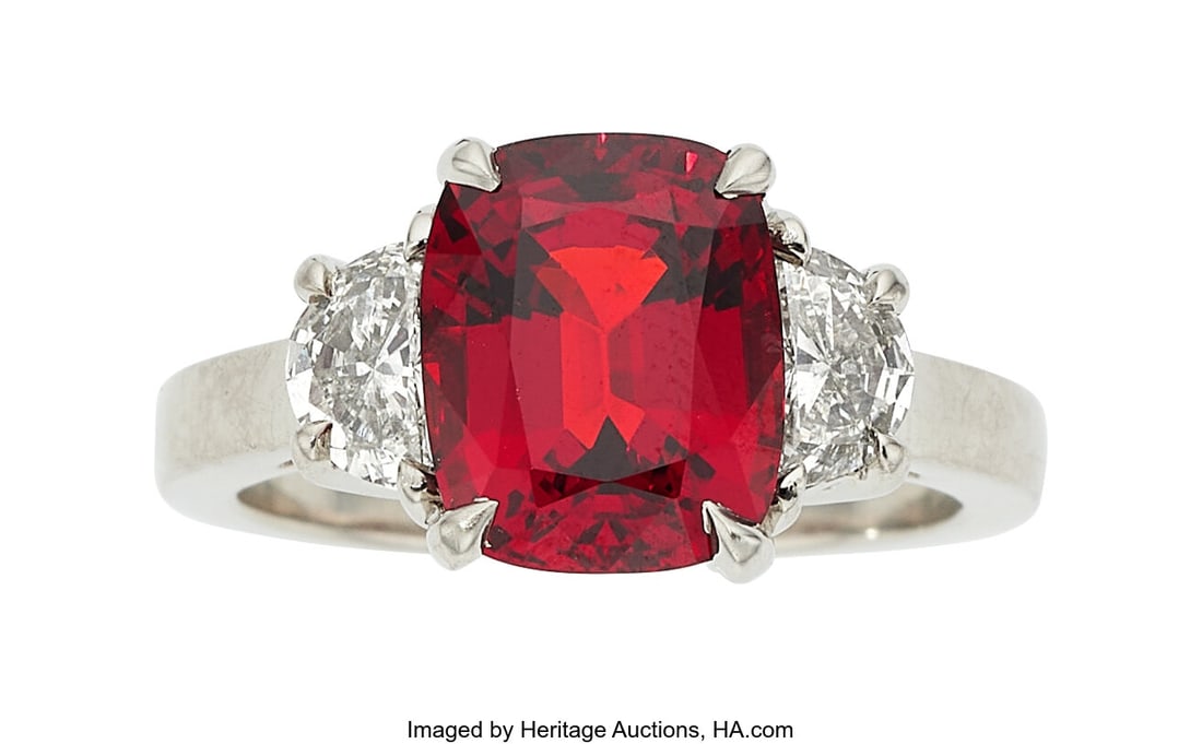 Burma Spinel, Diamond, Platinum Ring Stones: Cu: Burma Spinel, Diamond, Platinum Ring Stones: Cushion-shaped spinel weighing 4.31 carats; half-moon-shaped diamonds weighing a total of approximately 0.70 carat Met
