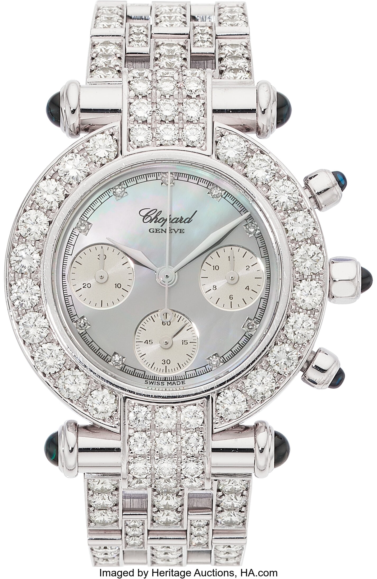 Chopard Diamond, Mother-of-Pearl, Sapphire, Whi: Chopard Diamond, Mother-of-Pearl, Sapphire, White Gold "Imperiale" Watch Case: 32 mm, round, 18k white gold, back secured by 8 screws, sapphire cabochon