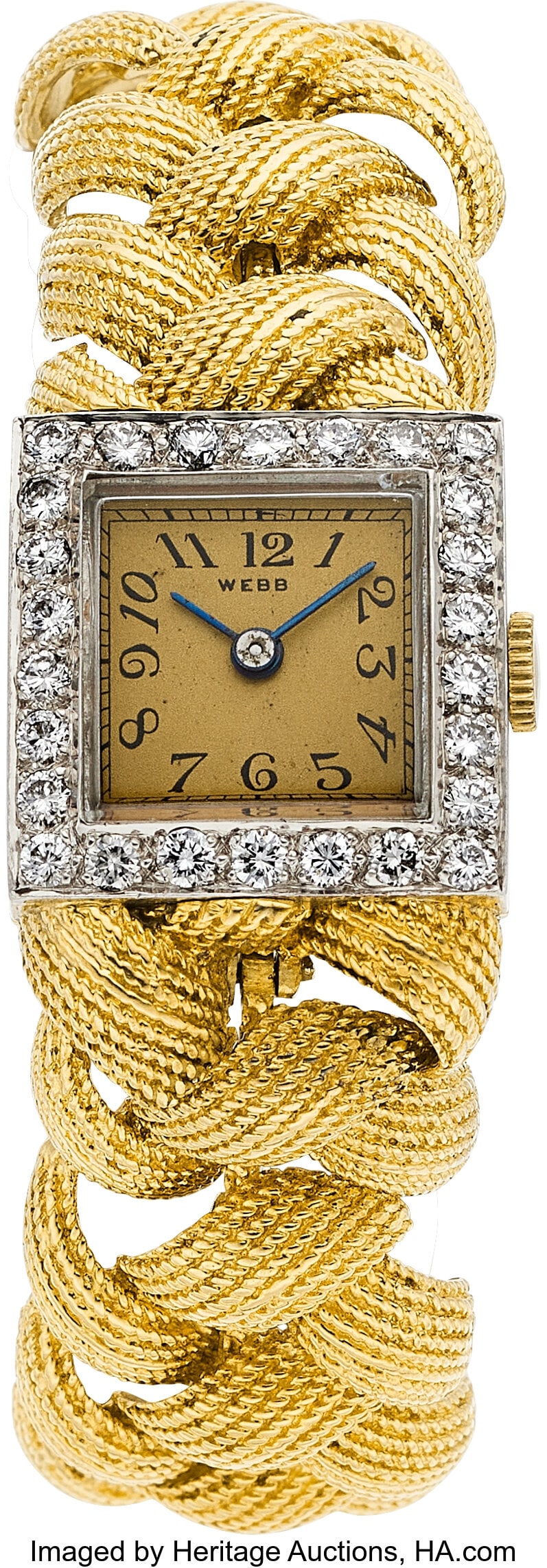 David Webb Diamond, Platinum-Topped Gold, Gold : David Webb Diamond, Platinum-Topped Gold, Gold Watch Case: 21 x 21 mm, square, 14k gold snapback, diamond-set platinum-topped gold bezel Dial: Gold-tone&comma