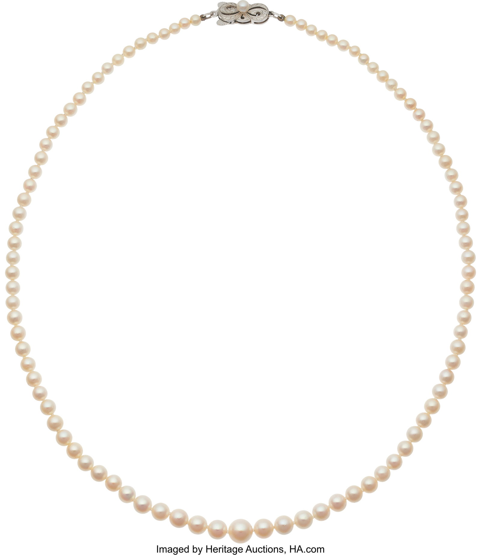 Mikimoto Cultured Pearl, White Gold Necklace P: Mikimoto Cultured Pearl, White Gold Necklace Pearls: Cultured pearls measuring 3.50 mm - 7.10 mm Metal: 14k white gold Marked: for Mikimoto Gross Weight: 14