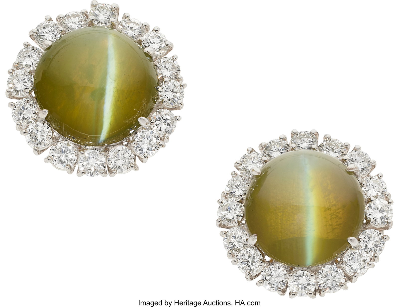 Cat's-Eye Chrysoberyl, Diamond, White Gold Earri: Cat's-Eye Chrysoberyl, Diamond, White Gold Earrings Stones: Cat's-eye chrysoberyl cabochons; full-cut diamonds weighing a total of approximately 4.00 carats Metal: 