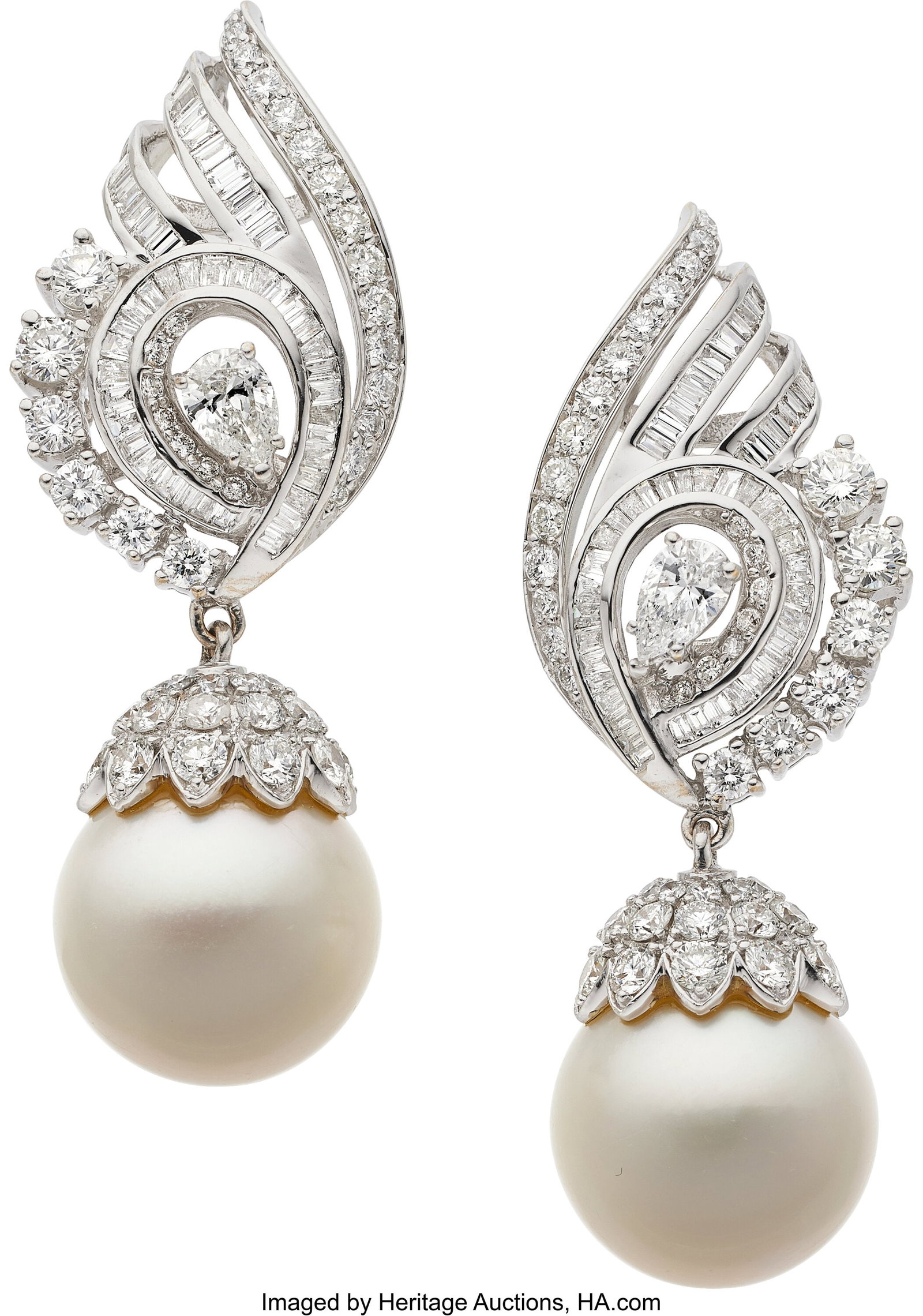 South Sea Cultured Pearl, Diamond, White Gold Ea: South Sea Cultured Pearl, Diamond, White Gold Earrings Stones: Pear-shaped diamonds weighing a total of approximately 0.75 carat; full-cut diamonds weighing a total of ap