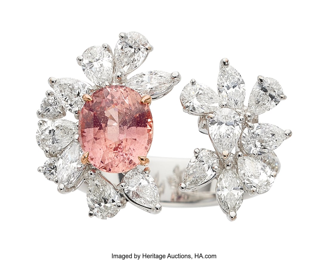 Padparadscha Sapphire, Diamond, White Gold Ring : Padparadscha Sapphire, Diamond, White Gold Ring Stones: Oval-shaped sapphire weighing 1.99 carats; marquise-shaped diamonds weighing a total of approximately 0.40 