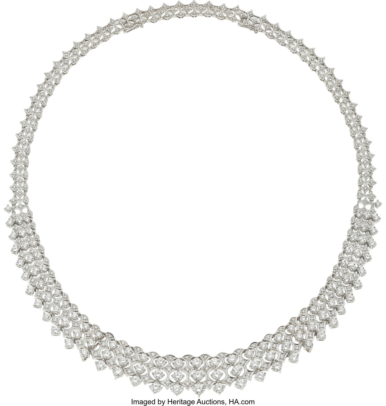 Diamond, White Gold Necklace Stones: Full-cut d: Diamond, White Gold Necklace Stones: Full-cut diamonds weighing a total of approximately 12.60 grams Metal: 18k white gold Gross Weight: 63.10 grams Dimensions&co