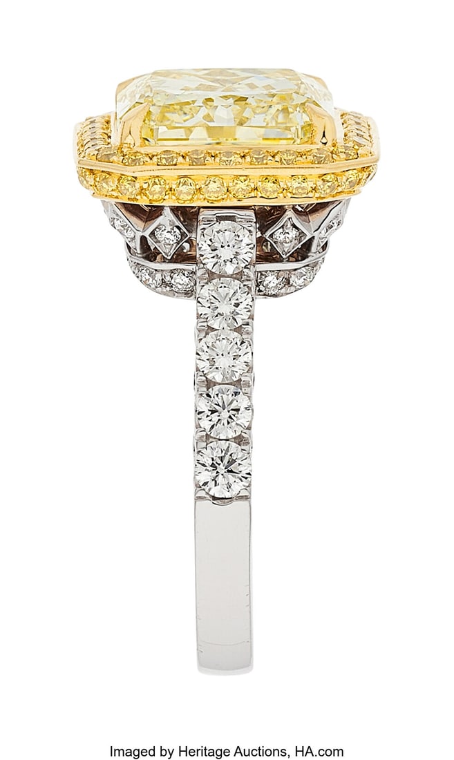 Takat Diamond, Colored Diamond, Gold Ring Stone: Takat Diamond, Colored Diamond, Gold Ring Stones: Cut-cornered square-shaped diamond weighing 6.08 carats; full-cut diamonds weighing a total of approximately 1.00