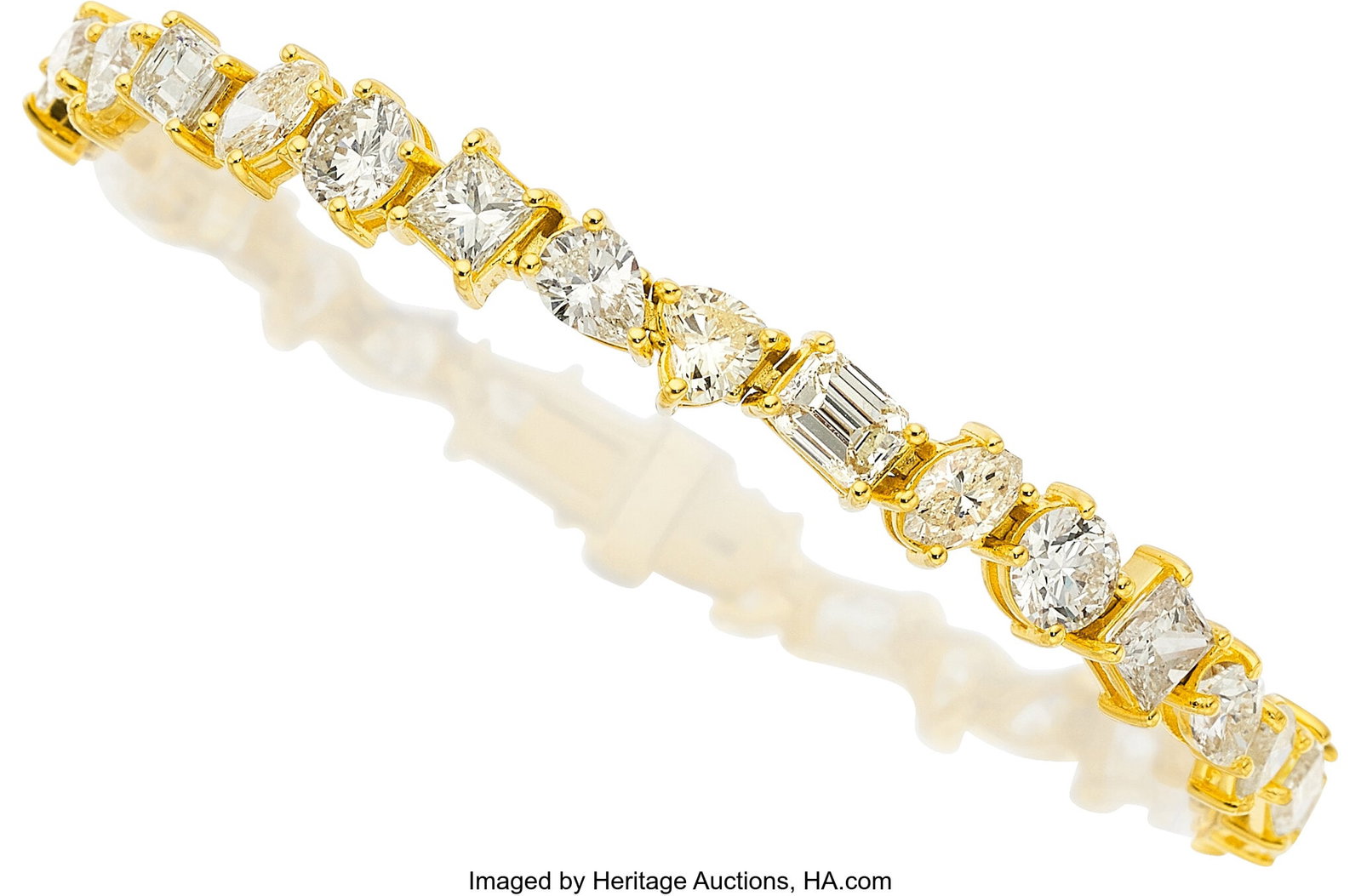 Diamond, Gold Bracelet Stones: Round brilliant,: Diamond, Gold Bracelet Stones: Round brilliant, square, pear, marquise, and emerald-cut diamonds weighing a total of 13.23 carats Metal: 14k gold Gross