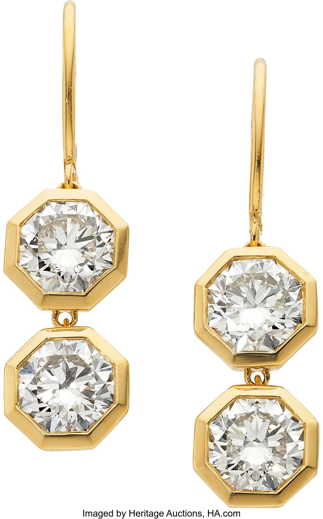 Diamond, Gold Earrings Stones: Octagonal brilli: Diamond, Gold Earrings Stones: Octagonal brilliant-cut diamonds weighing a total of 4.05 carats Metal: 18k gold Gross Weight: 6.00 grams Dimensions: 1-3&sol