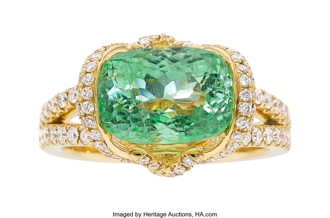 Hana Paraíba-Type Tourmaline, Diamond, Gold Rin: Hana Paraíba-Type Tourmaline, Diamond, Gold Ring Stones: Cushion-shaped tourmaline weighing 4.26 carats; full-cut diamonds weighing a total of 0.88 carat Me