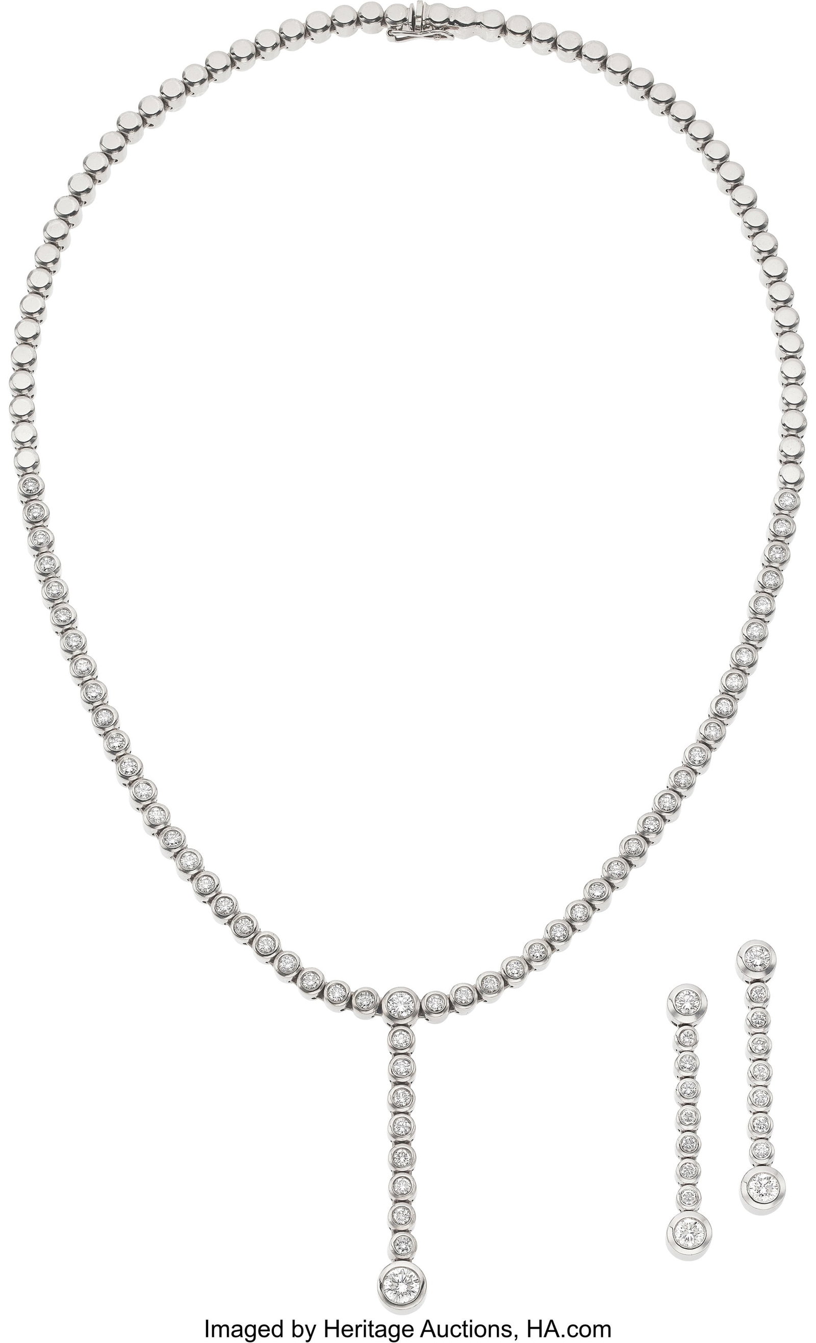 Diamond, White Gold Jewelry Suite Stones: Full-: Diamond, White Gold Jewelry Suite Stones: Full-cut diamonds weighing a total of approximately 3.90 carats Metal: 18k white gold Gross Weight: 86.30 grams Necklace