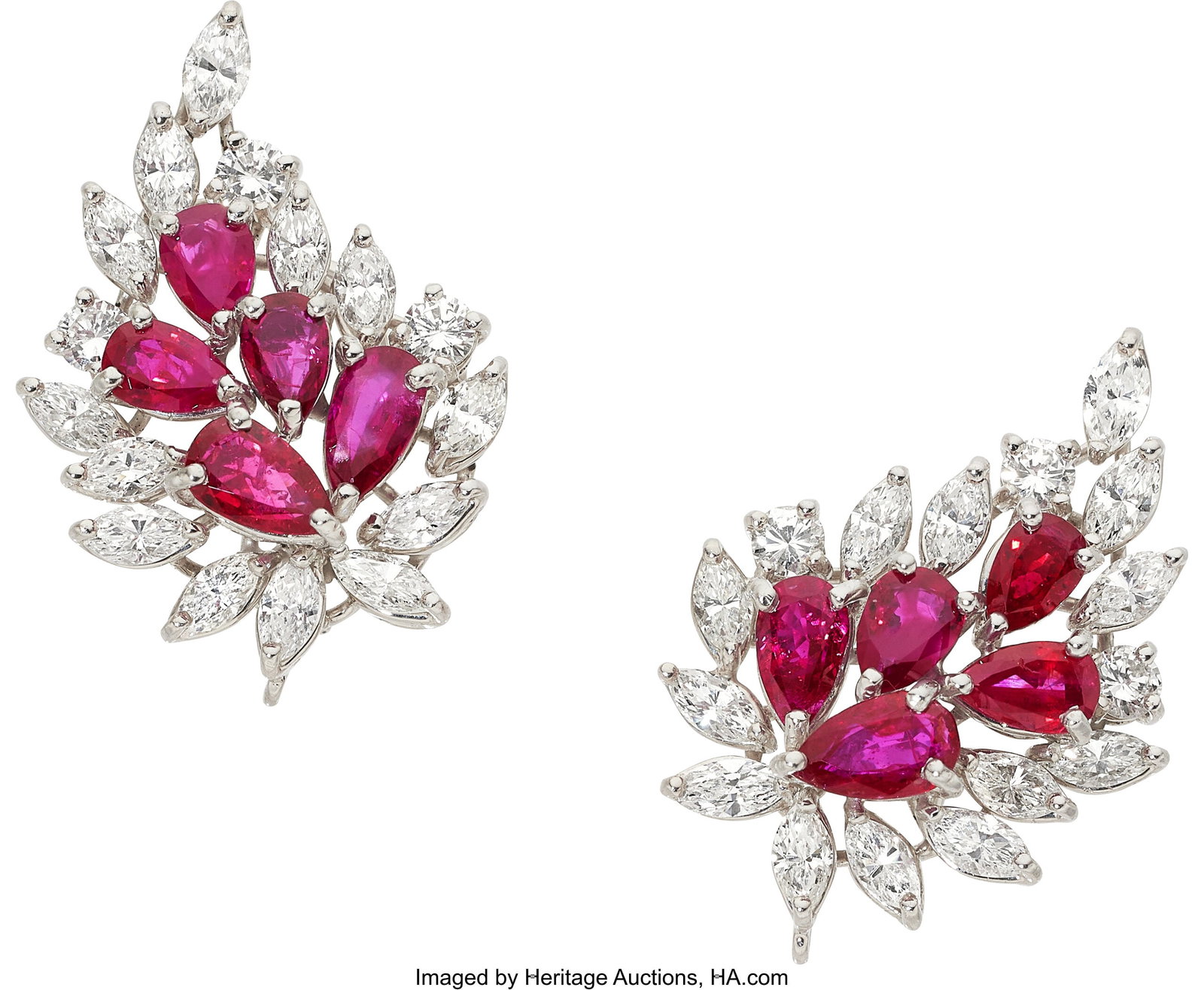 Burma Ruby, Diamond, Platinum Earrings Stones: : Burma Ruby, Diamond, Platinum Earrings Stones: Pear-shaped rubies weighing a total of approximately 4.00 carats; marquise-shaped diamonds weighing a total of approximatel