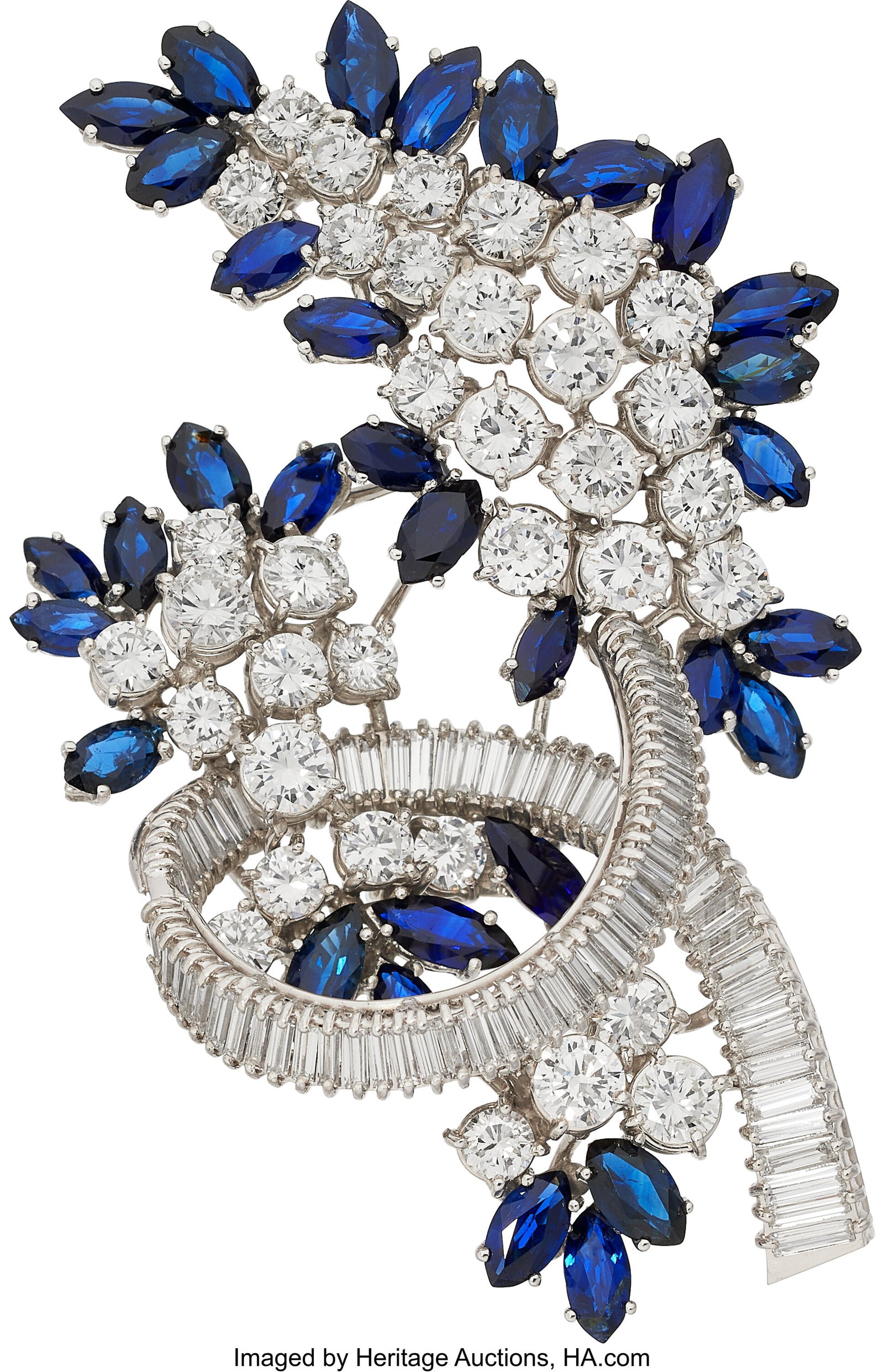 Diamond, Sapphire, White Gold Brooch Stones: Fu: Diamond, Sapphire, White Gold Brooch Stones: Full-cut diamonds weighing a total of approximately 6.50 carats; marquise-shaped sapphires weighing a total of approximately 