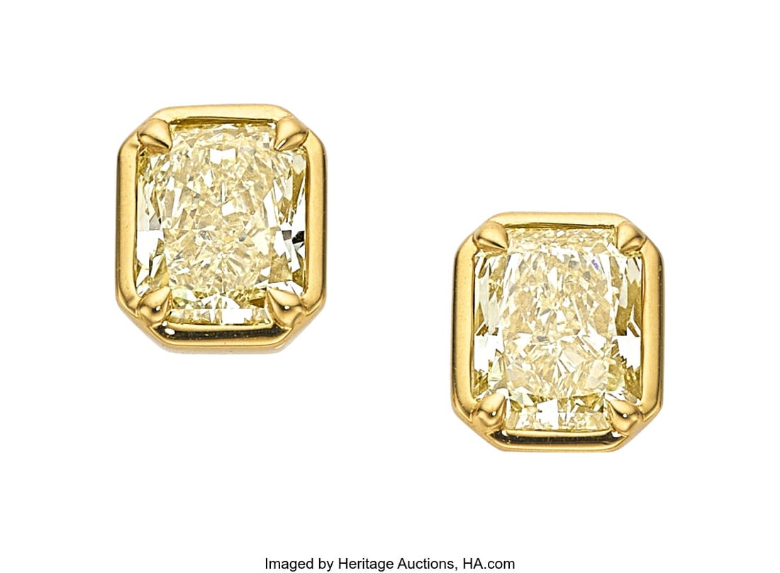 Diamond, Gold Earrings Stones: Cut-cornered rec: Diamond, Gold Earrings Stones: Cut-cornered rectangular shaped diamonds weighing total of 3.02 carats Metal: 18k gold Gross Weight: 4.10 grams Dimensions: 1