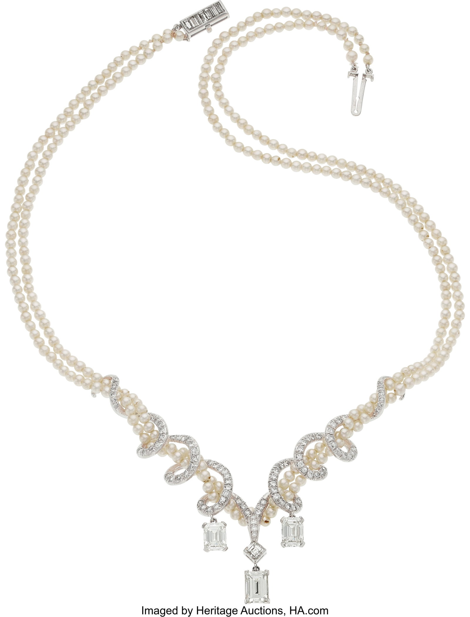 Diamond, Cultured Pearl, Platinum Convertible N: Diamond, Cultured Pearl, Platinum Convertible Necklace Stones: Rectangular step-cut diamond weighing 1.23 carats; emerald-cut diamonds weighing a total of 2.08 car