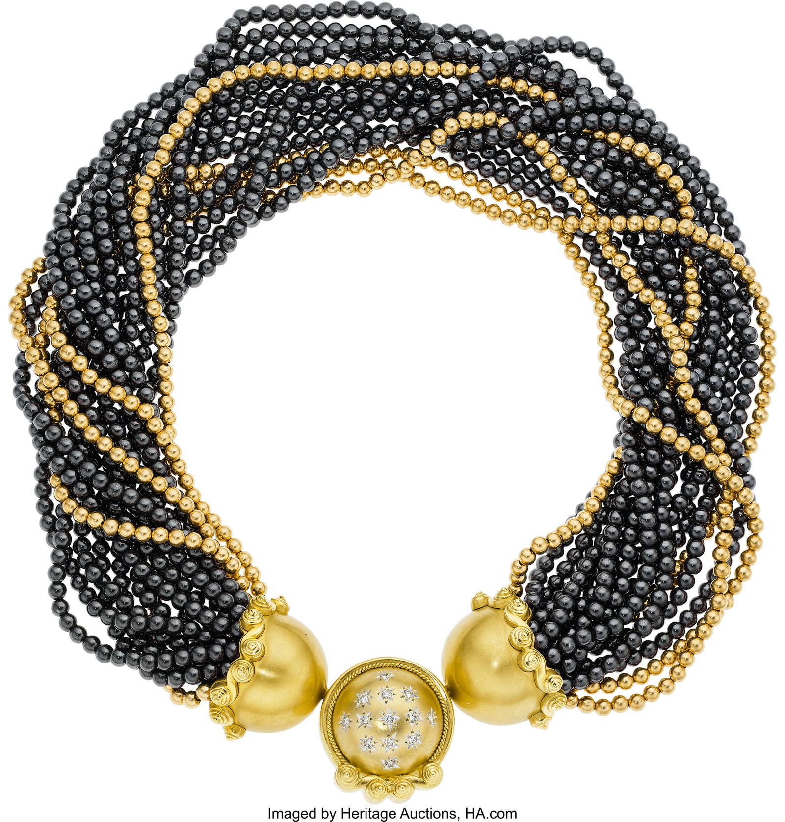 Orlanda Olsen Diamond, Hematite, Gold Convertib: Orlanda Olsen Diamond, Hematite, Gold Convertible Necklace Stones: Full-cut diamonds weighing a total of approximately 0.60 carat; hematite beads Metal: 18k and 14k