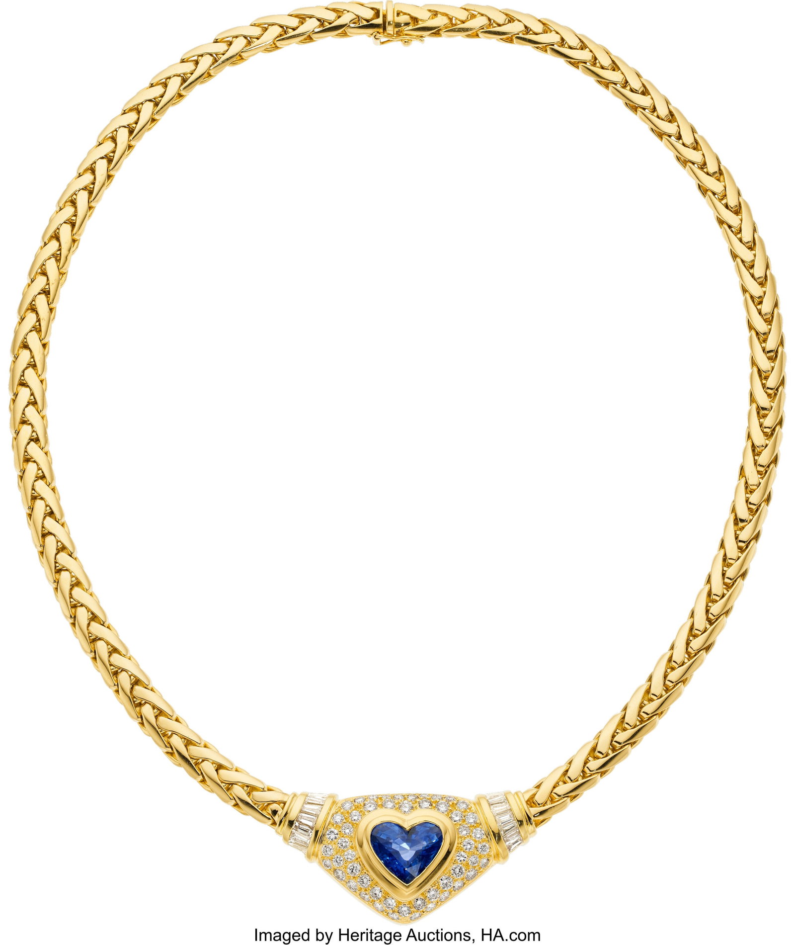 Orlanda Olsen Ceylon Sapphire, Diamond, Gold Nec: Orlanda Olsen Ceylon Sapphire, Diamond, Gold Necklace Stones: Heart-shaped sapphire weighing approximately 4.50 carats; full-cut diamonds weighing a total of approximatel