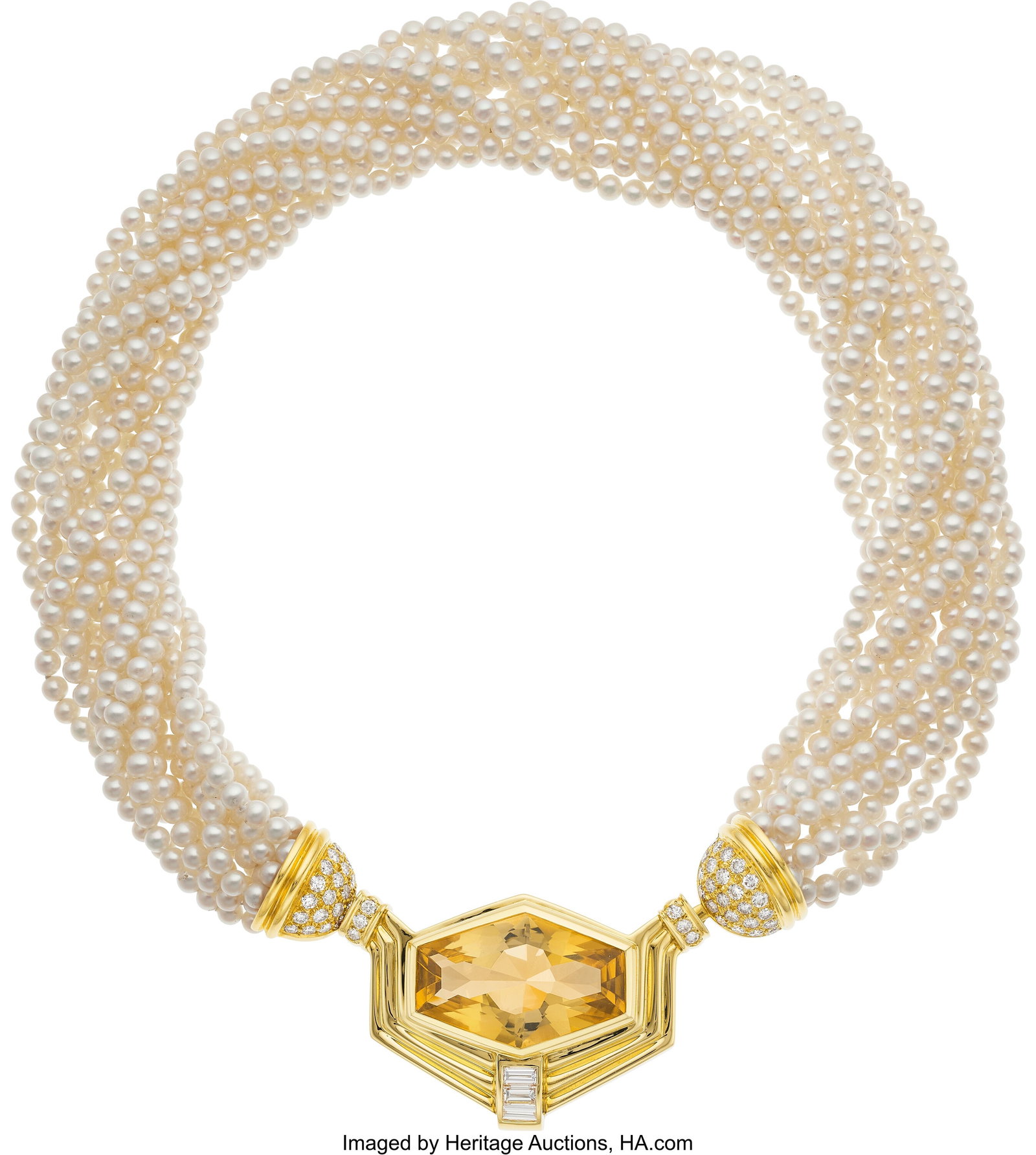 Orlanda Olsen Cultured Pearl, Scapolite, Diamond: Orlanda Olsen Cultured Pearl, Scapolite, Diamond, Gold Convertible Necklace Stones: Hexagonal-shaped scapolite weighing approximately 36.00 carats; full-cut diamond