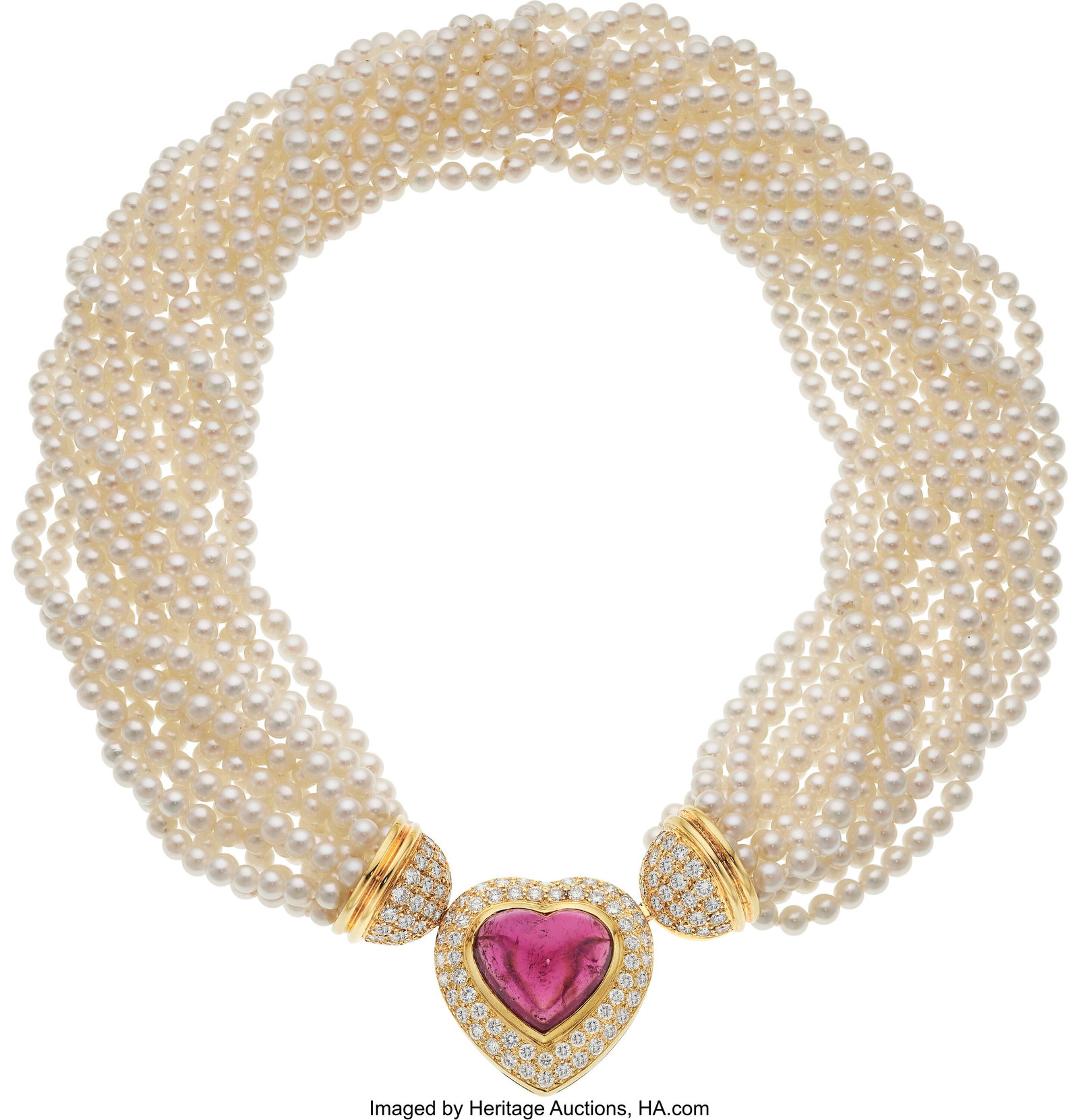 Orlanda Olsen Diamond, Tourmaline, Cultured Pear: Orlanda Olsen Diamond, Tourmaline, Cultured Pearl, Gold Convertible Pendant-Brooch-Necklace Stones: Full-cut diamonds weighing a total of approximately 5.20 carats;