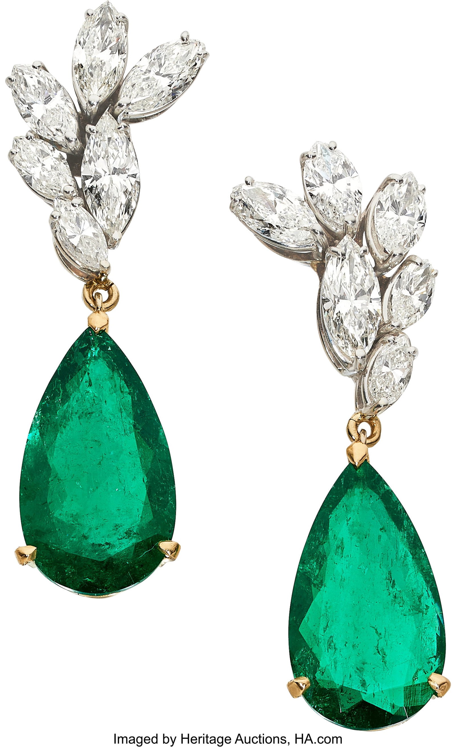 Colombian Emerald, Diamond, Gold Earrings Stone: Colombian Emerald, Diamond, Gold Earrings Stones: Pear-shaped emeralds weighing a total of 7.48 carats; marquise-shaped diamonds weighing a total of approximately 2&perio