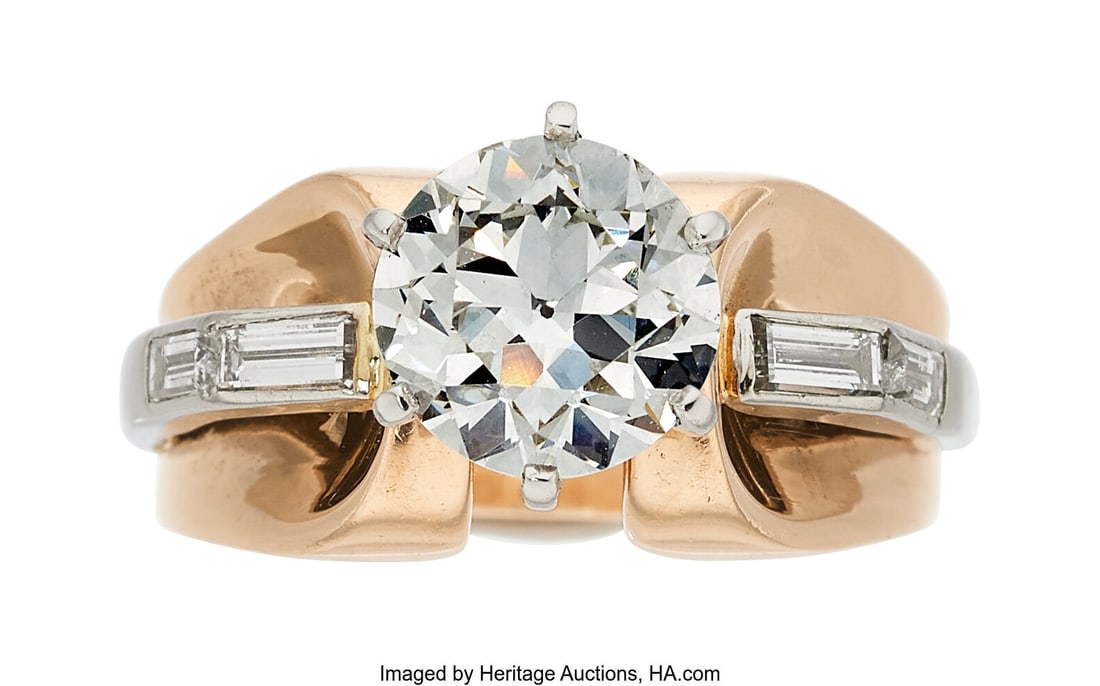 Retro Diamond, Platinum, Rose Gold Ring Stones:: Retro Diamond, Platinum, Rose Gold Ring Stones: European-cut diamond weighing 2.23 carats; baguette-cut diamonds weighing a total of approximately 0.25 carat Metal
