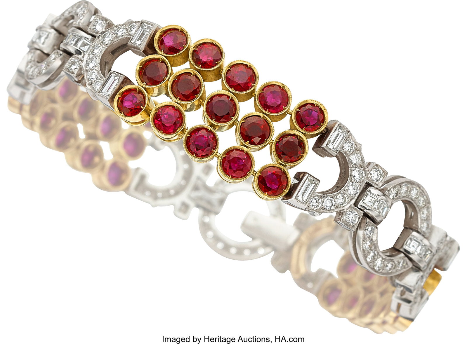 Burma Ruby, Diamond, Platinum, Gold Bracelet St: Burma Ruby, Diamond, Platinum, Gold Bracelet Stones: Round-shaped rubies weighing a total of approximately 12.15 carats; full-cut diamonds weighing a total of appro