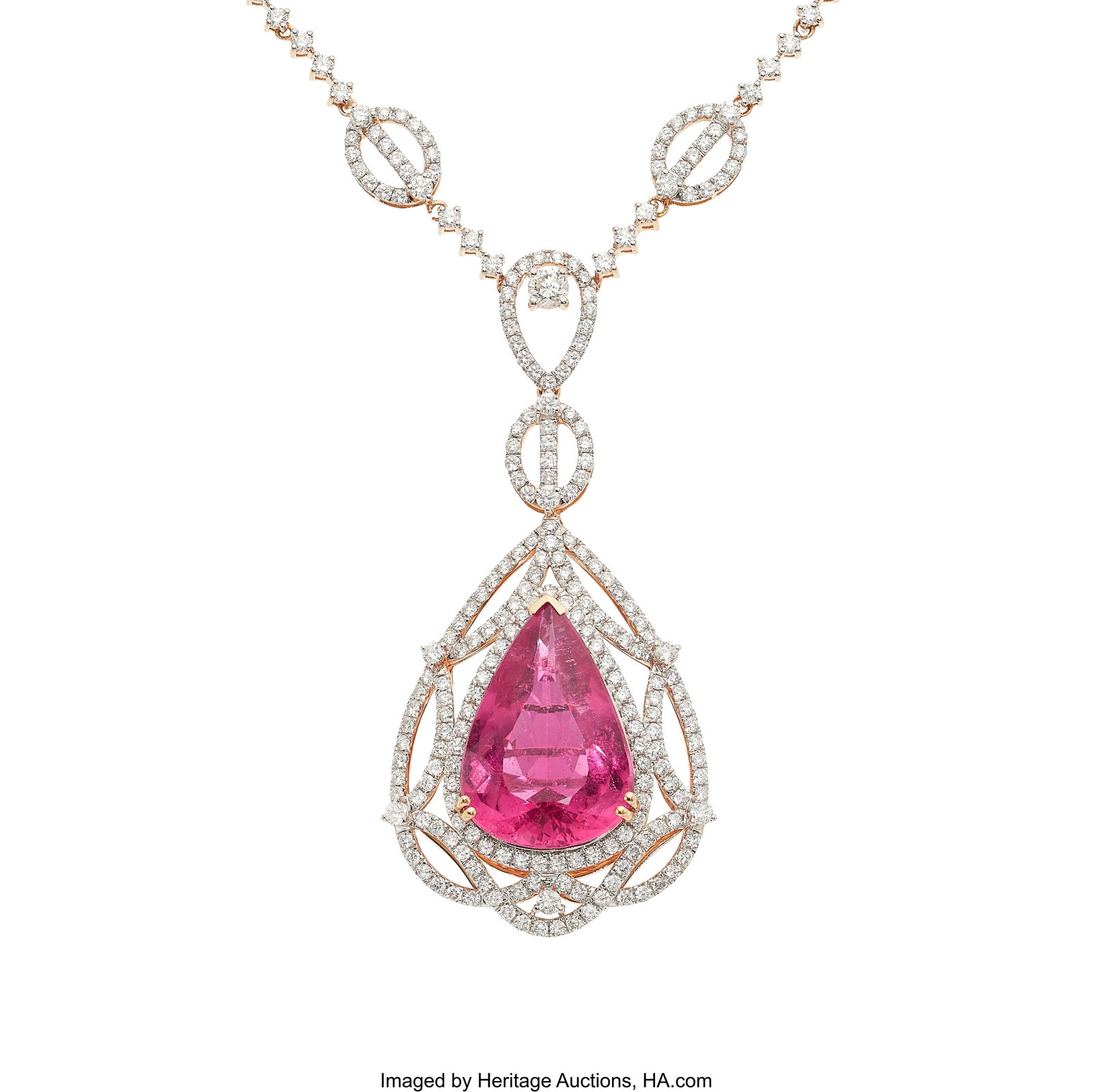 Michael Christoff Tourmaline, Diamond, Gold Nec: Michael Christoff Tourmaline, Diamond, Gold Necklace Stones: Pear-shaped tourmaline weighing 19.97 carats; full-cut diamonds weighing a total of 5.08 carats Metal&