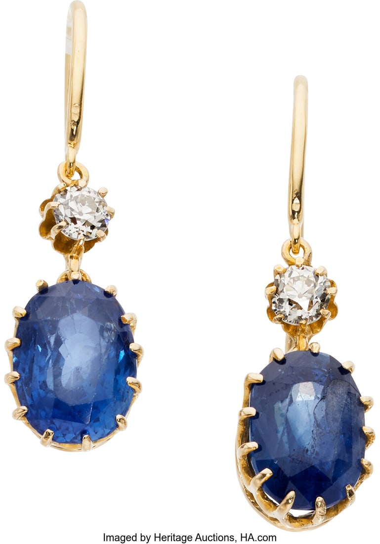Ceylon Sapphire, Diamond, Gold Earrings Stones:: Ceylon Sapphire, Diamond, Gold Earrings Stones: Oval-shaped sapphires weighing a total of approximately 5.40 carats; European-cut diamonds weighing a total of approximate