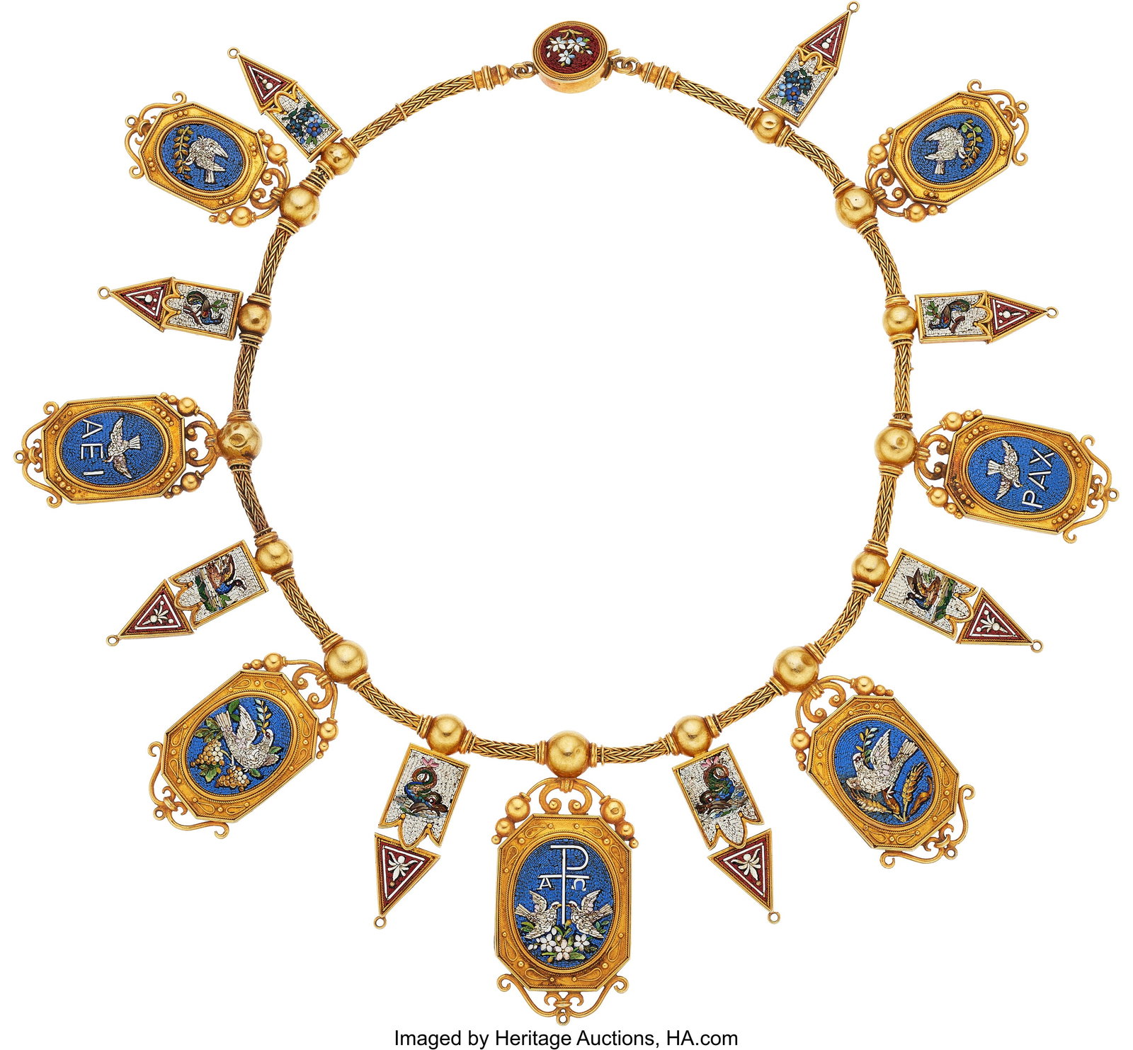 Vatican City Workshop Victorian Micromosaic, Go: Vatican City Workshop Victorian Micromosaic, Gold Necklace, circa 1870 Element: Micromosaic tesserae Metal: 18k gold Marked: Vatican City Workshop Gross Weight: 94&
