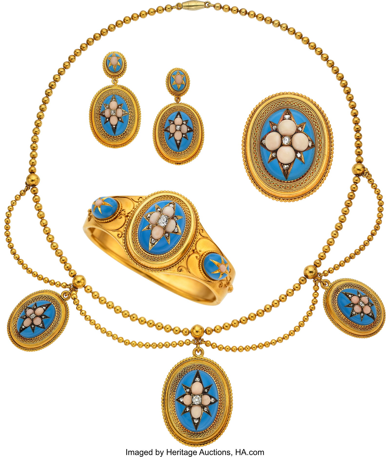 Victorian Coral, Diamond, Enamel, Gold Jewelry S: Victorian Coral, Diamond, Enamel, Gold Jewelry Suite Stones: Mine-cut diamonds weighing a total of approximately 0.65 carat; rose-cut diamonds; coral cabochons