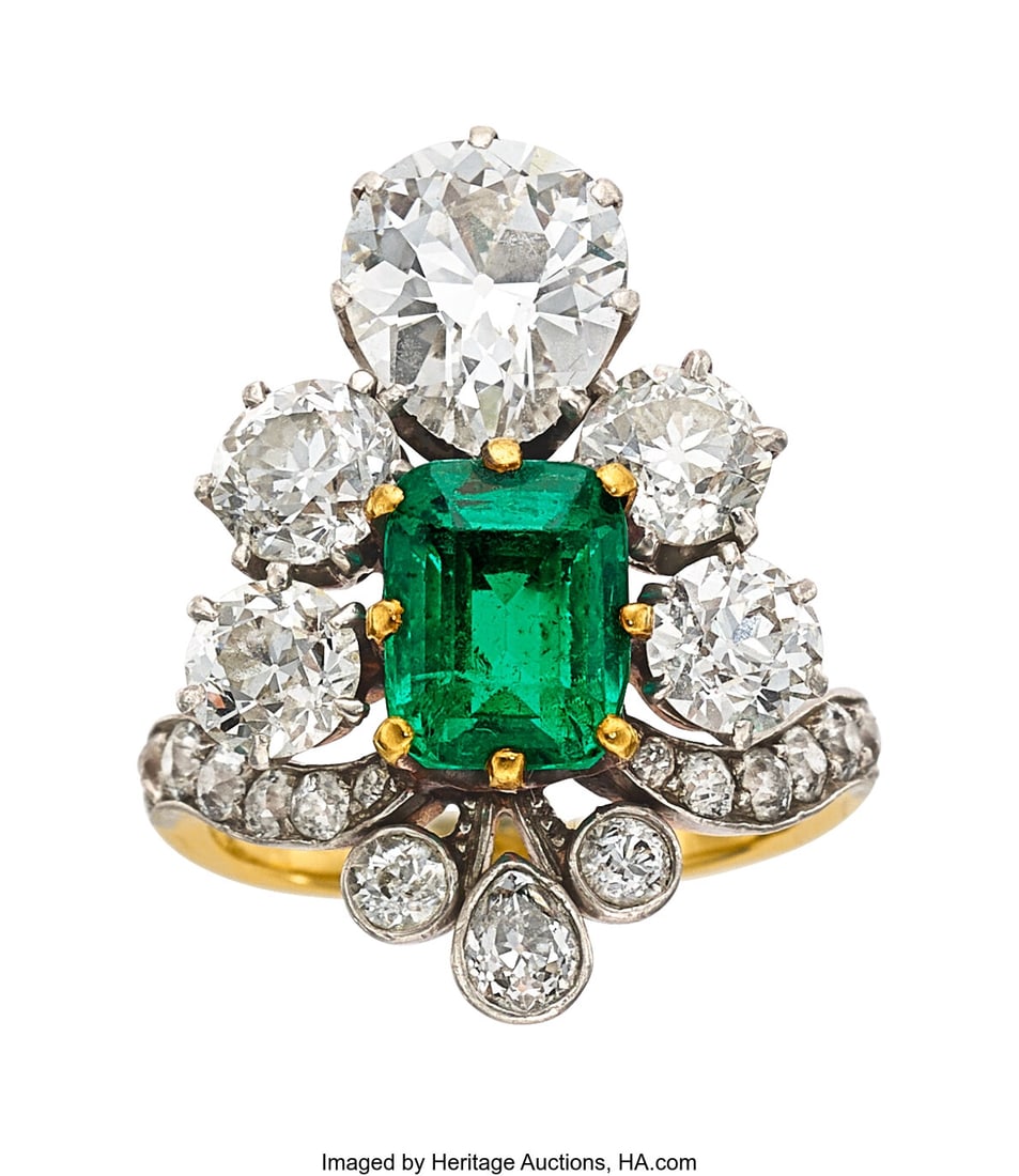 Edwardian Colombian Emerald, Diamond, Platinum-: Edwardian Colombian Emerald, Diamond, Platinum-Topped Gold Ring Stones: Cushion-shaped emerald weighing 2.45 carats; pear-shaped diamond weighing 2.09 carats;