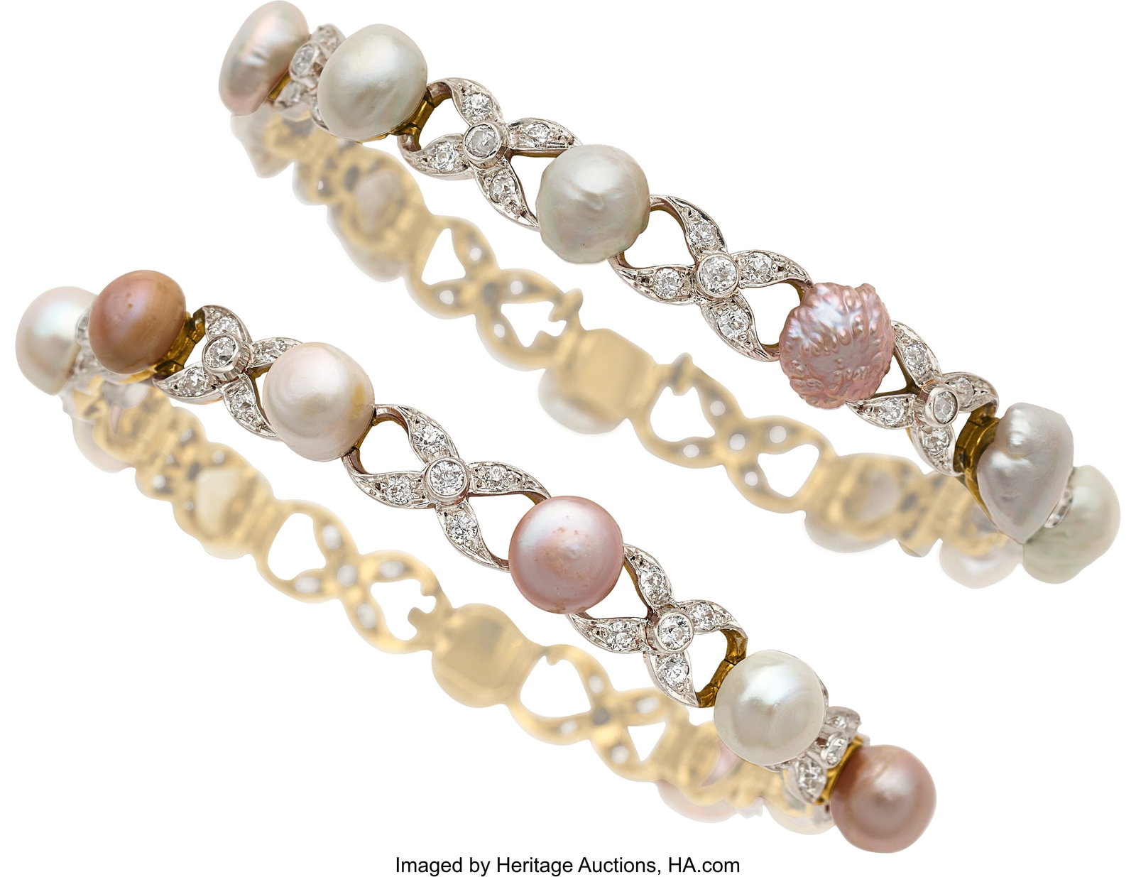 Edwardian Natural Freshwater Pearl, Diamond, Pl: Edwardian Natural Freshwater Pearl, Diamond, Platinum-Topped Gold Bracelets Stones: European-cut diamonds weighing a total of approximately 2.75 carats Pearls: Natural f