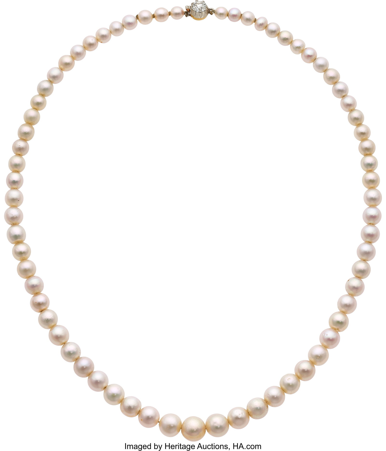 Tiffany & Co. Natural Pearl, Diamond, Platinum-: Tiffany & Co. Natural Pearl, Diamond, Platinum-Topped Gold Necklace Stones: European-cut diamond weighing approximately 0.30 carat Pearls: Natural saltwater p