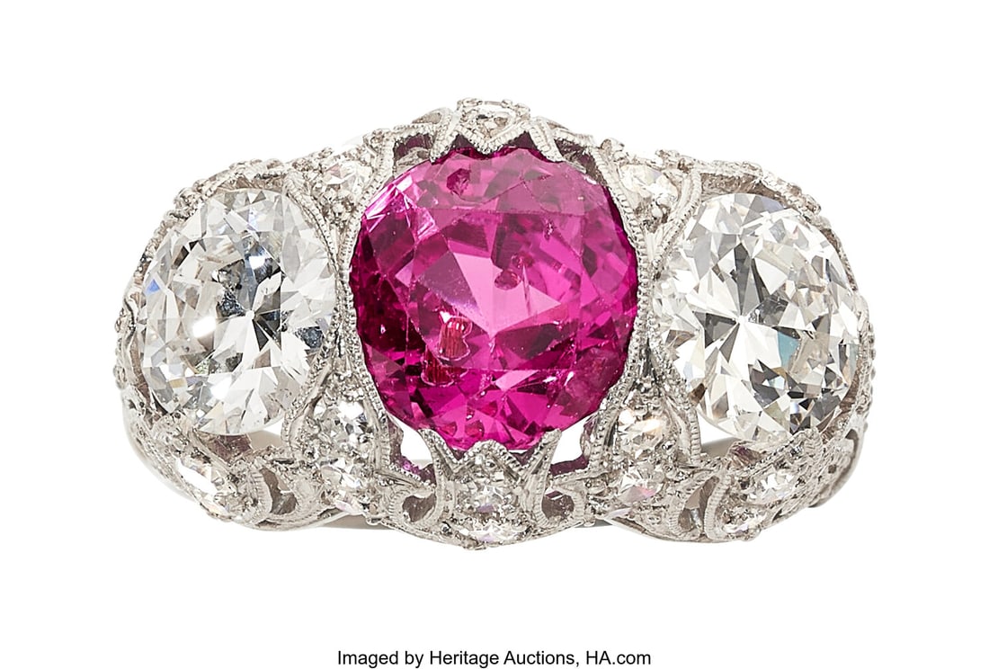 Art Deco Burma Pink Sapphire, Diamond, Platinum : Art Deco Burma Pink Sapphire, Diamond, Platinum Ring Stones: Round-shaped pink sapphire weighing approximately 2.35 carats; circular brilliant-cut diamonds weighing a tot