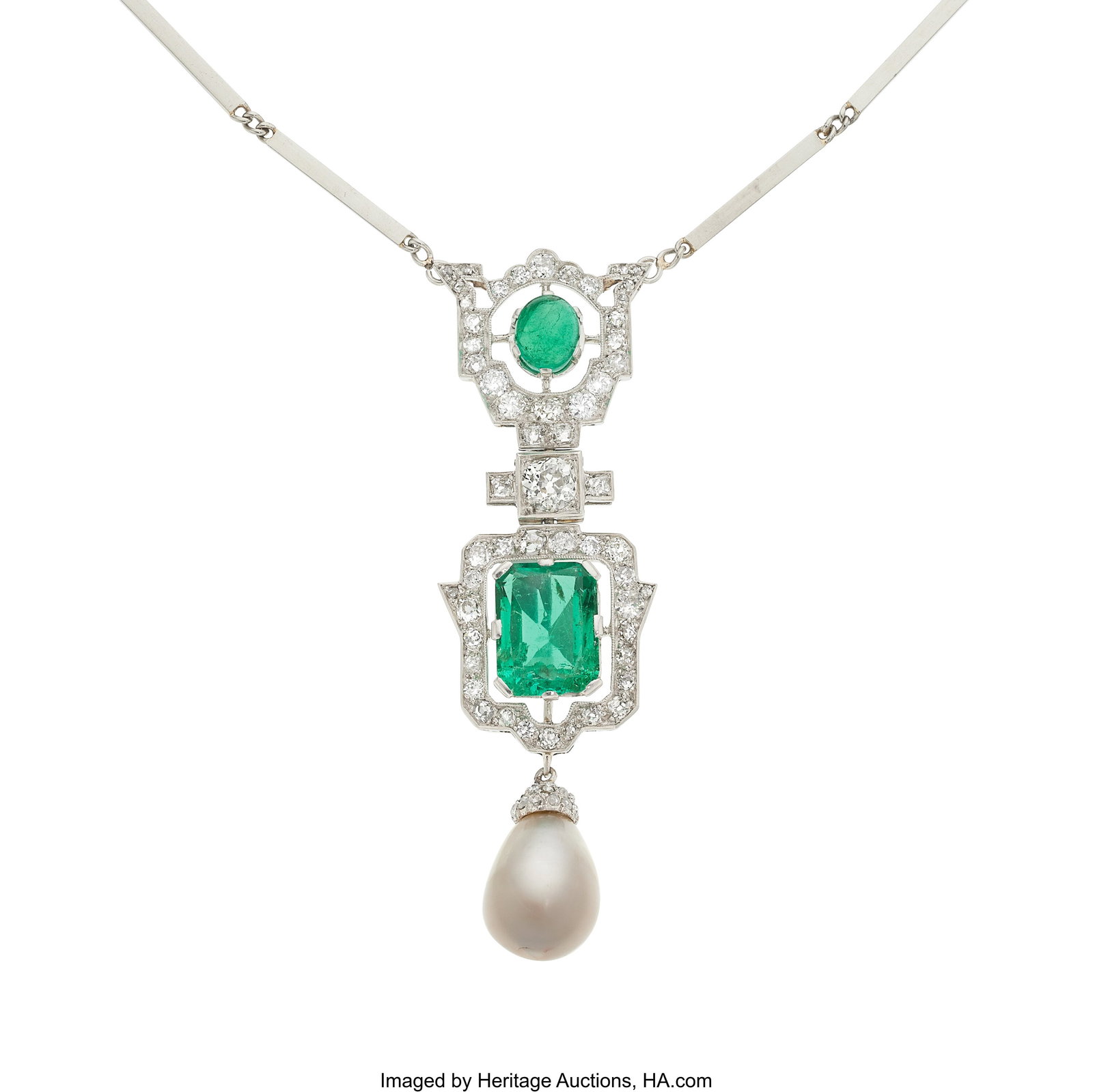 Art Deco Natural Pearl, Colombian Emerald, Diam: Art Deco Natural Pearl, Colombian Emerald, Diamond, Platinum Necklace, French Stones: Octagonal-shaped emerald weighing approximately 3.40 carats; octagonal-s