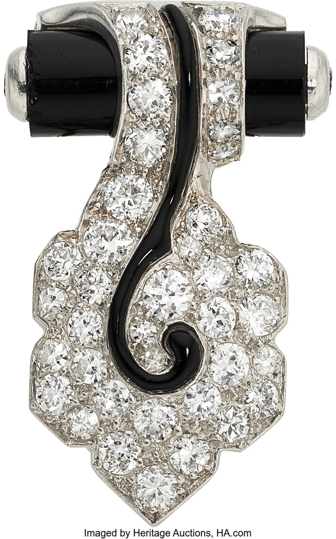 Cartier Art Deco Diamond, Black Onyx, Enamel, P: Cartier Art Deco Diamond, Black Onyx, Enamel, Platinum, White Gold Clip Stones: Transitional and single-cut diamonds weighing a total of approximately 1.25 carats&