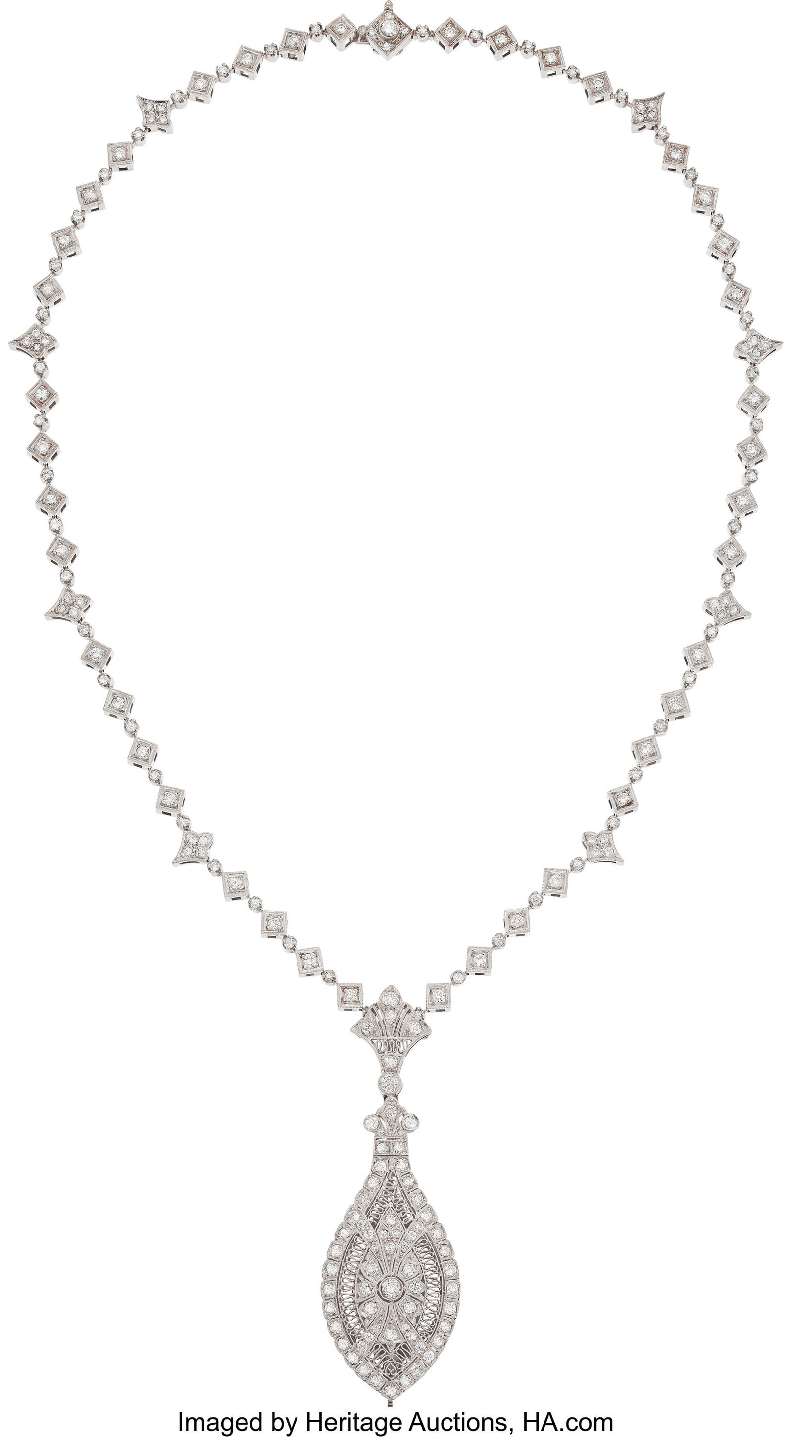 Diamond, Platinum, White Gold Pendant-Brooch Ne: Diamond, Platinum, White Gold Pendant-Brooch Necklace Stones: Full, European, Swiss, transitional, and single-cut diamonds weighing a total of approximately 4