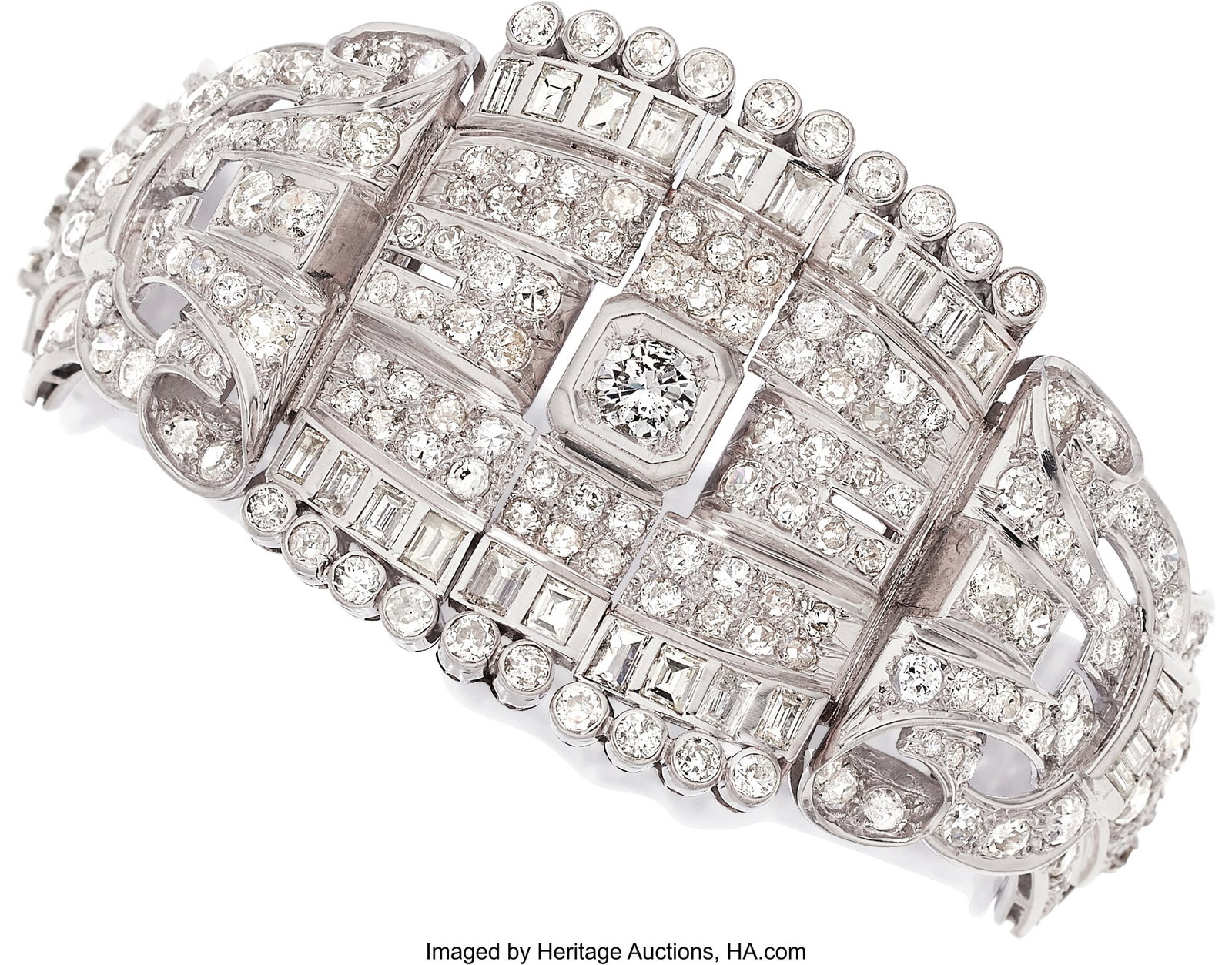 Art Deco Diamond, Platinum Bracelet, French Sto: Art Deco Diamond, Platinum Bracelet, French Stones: Full and single-cut diamonds weighing a total of approximately 10.00 carats; baguette-cut diamonds weighing a total of