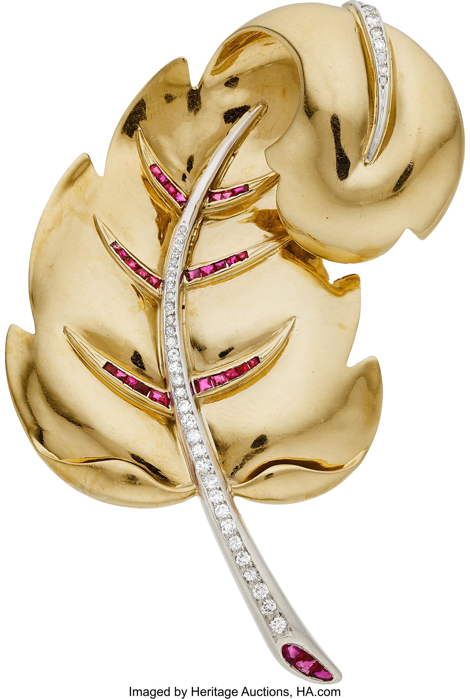 Retro Diamond, Ruby, Gold, Palladium Brooch, ci: Retro Diamond, Ruby, Gold, Palladium Brooch, circa 1940 Stones: Full-cut diamonds weighing a total of approximately 0.45 carat; square-shaped rubies weighing