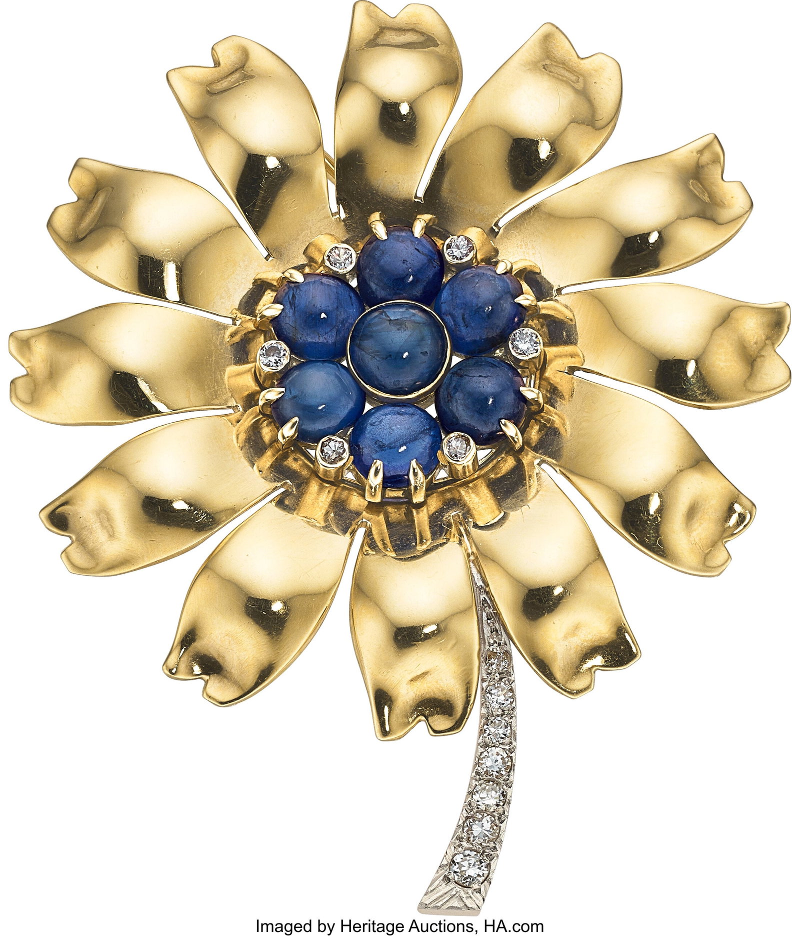 Retro Sapphire, Diamond, Platinum-Topped Gold, G: Retro Sapphire, Diamond, Platinum-Topped Gold, Gold Brooch Stones: Sapphire cabochons; single-cut diamonds weighing at total of approximately 0.40 carat