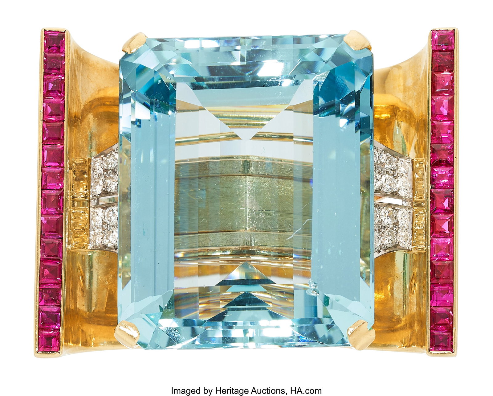 Retro Aquamarine, Diamond, Ruby, Gold Convertib: Retro Aquamarine, Diamond, Ruby, Gold Convertible Ring-Brooch Stones: Emerald-cut aquamarine weighing approximately 110.00 carats; square-shaped rubies weighing a